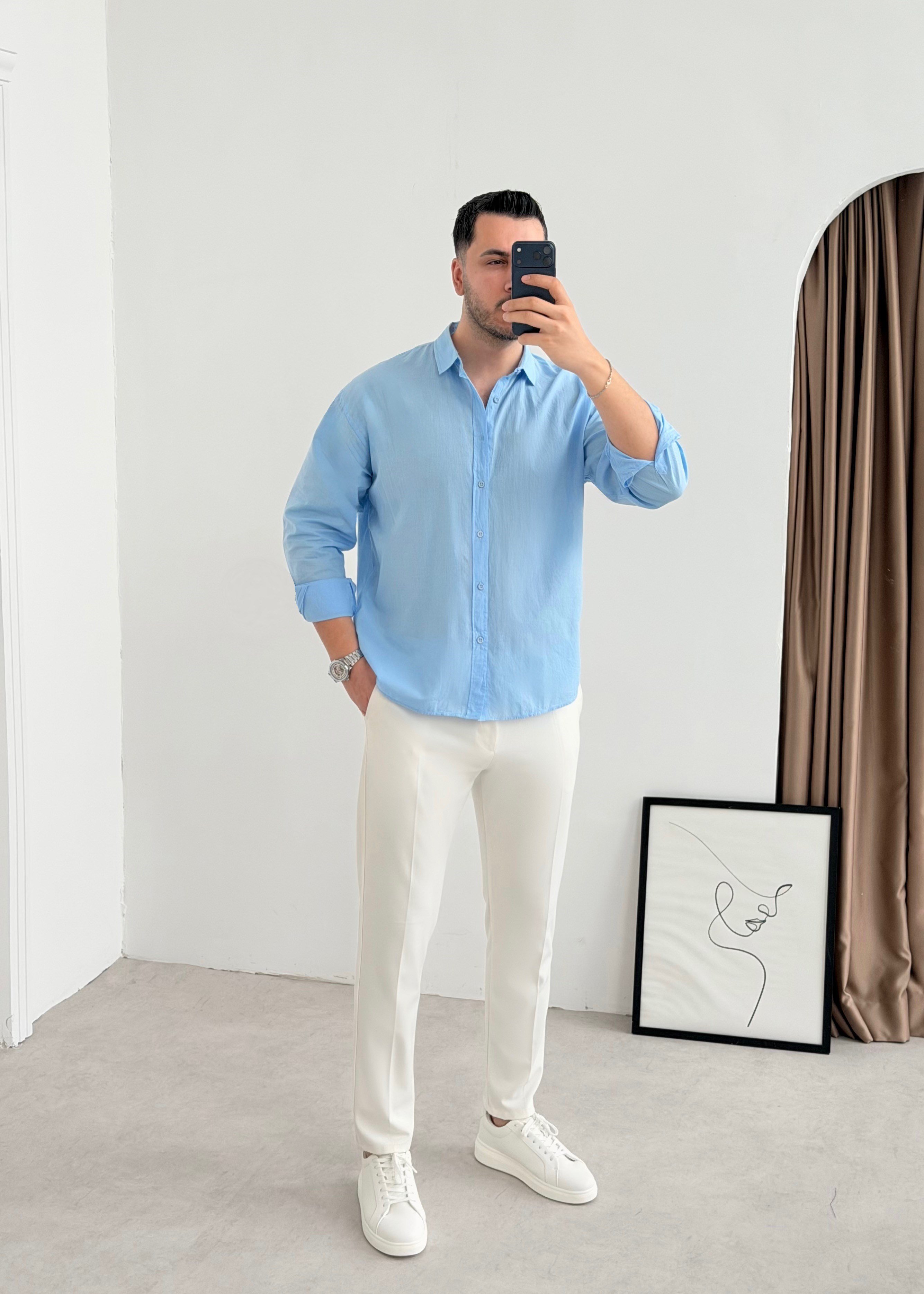 Vual Bebe Mavisi Oversize Keten Gömlek
