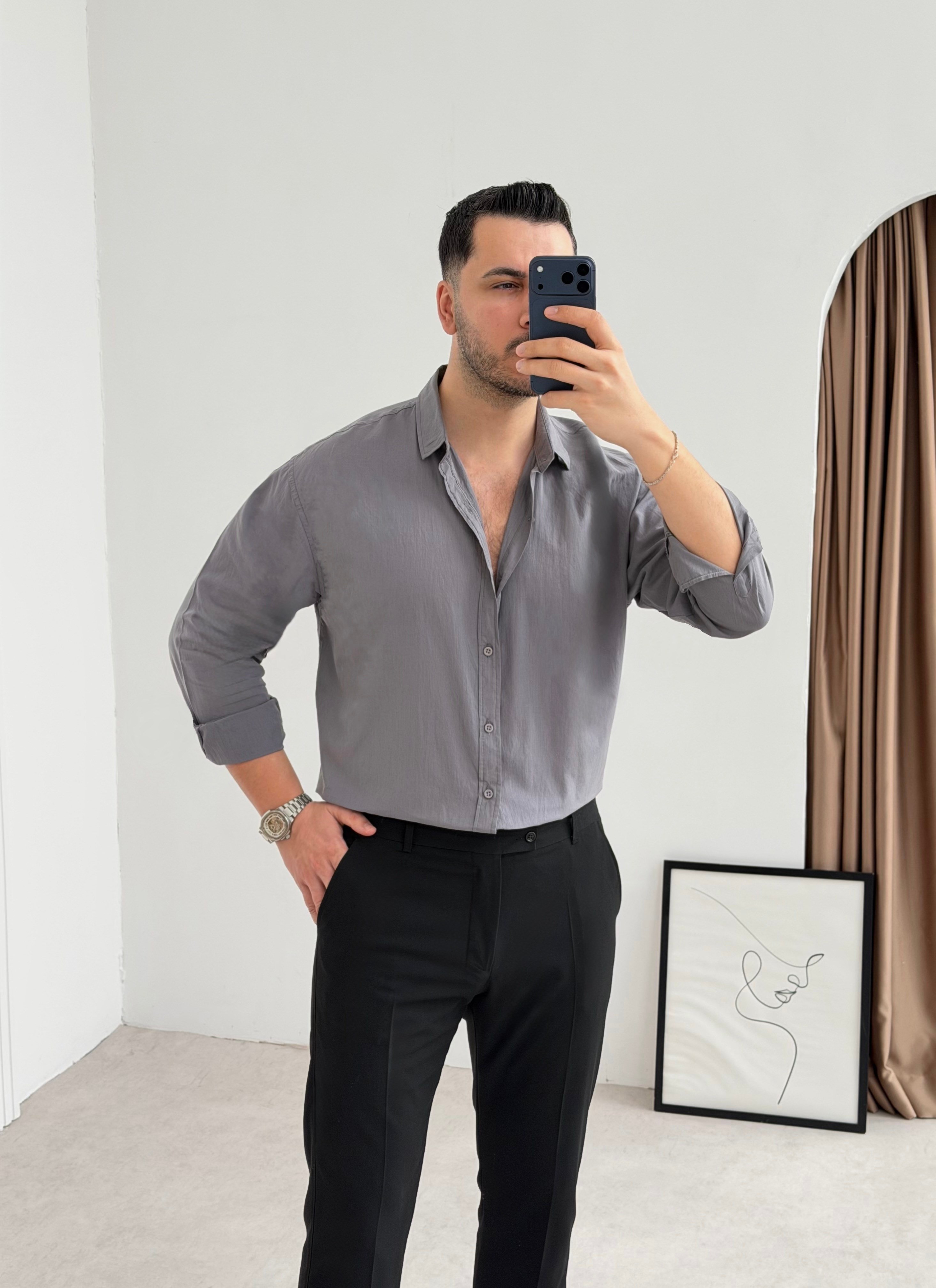 Vual Gri Oversize Keten Gömlek