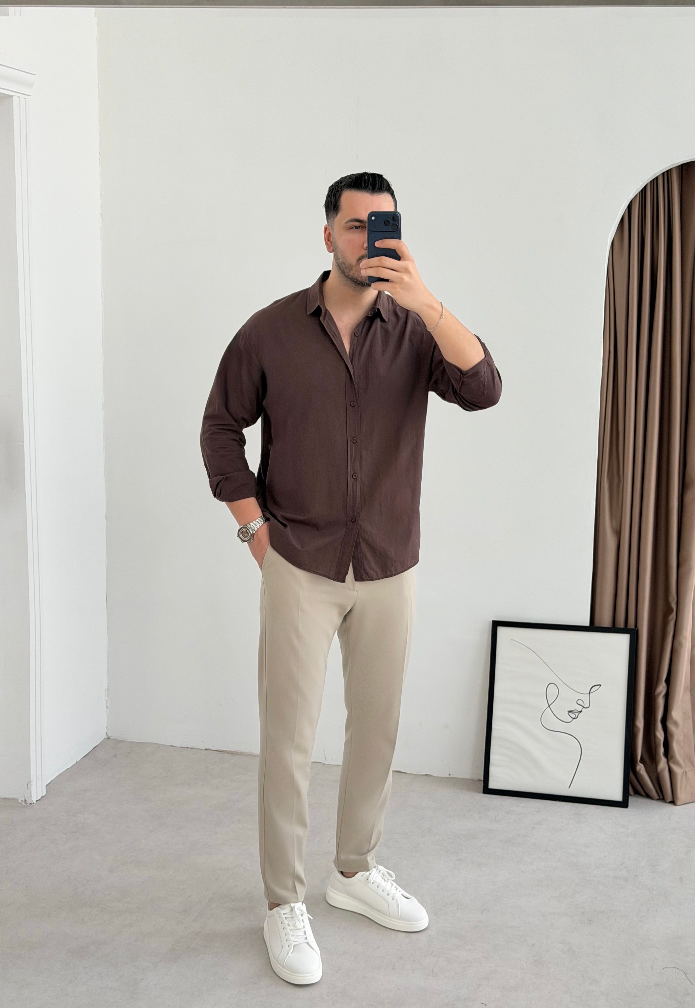 Vual Kahve Oversize Keten Gömlek