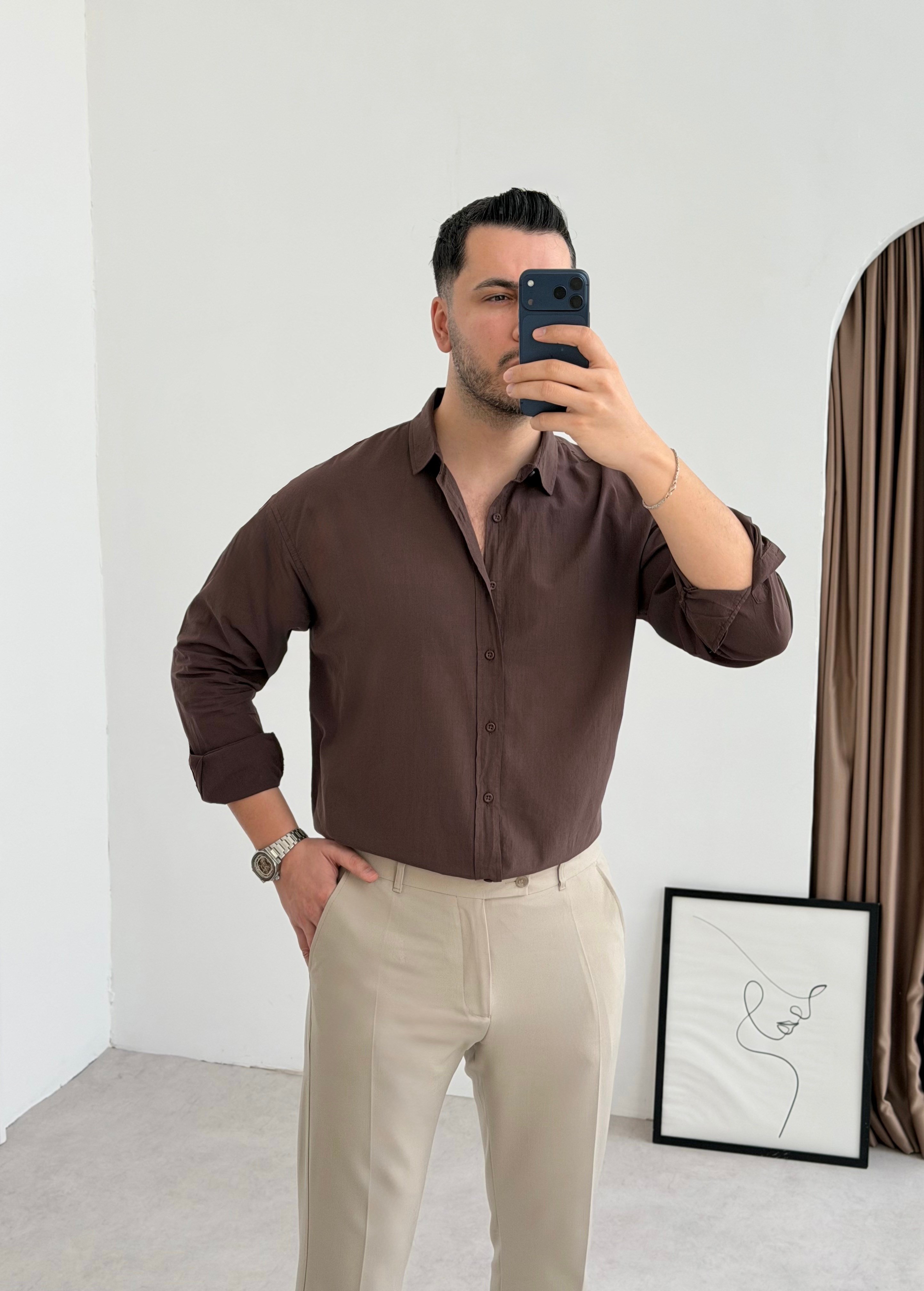 Vual Kahve Oversize Keten Gömlek