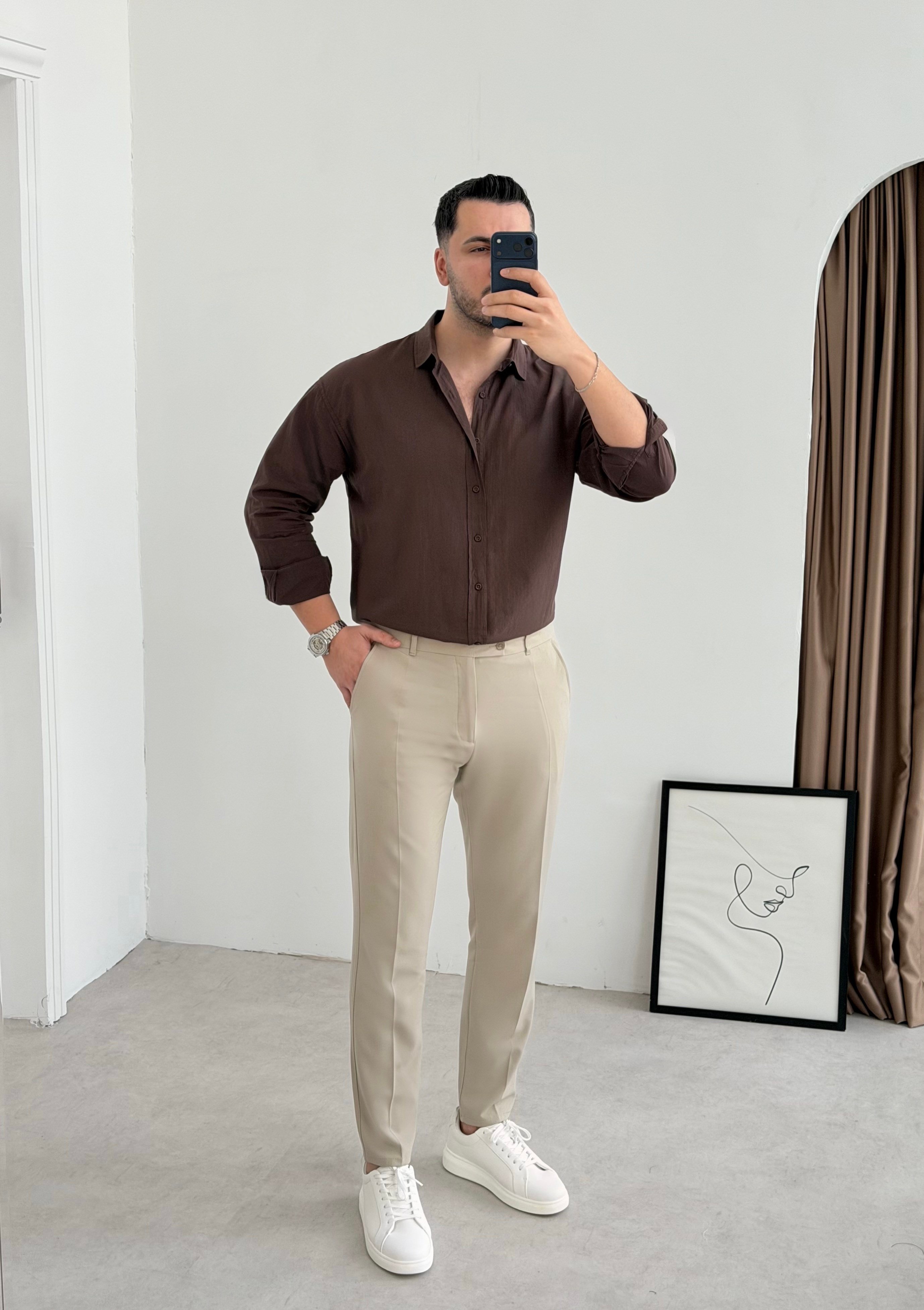 Vual Kahve Oversize Keten Gömlek