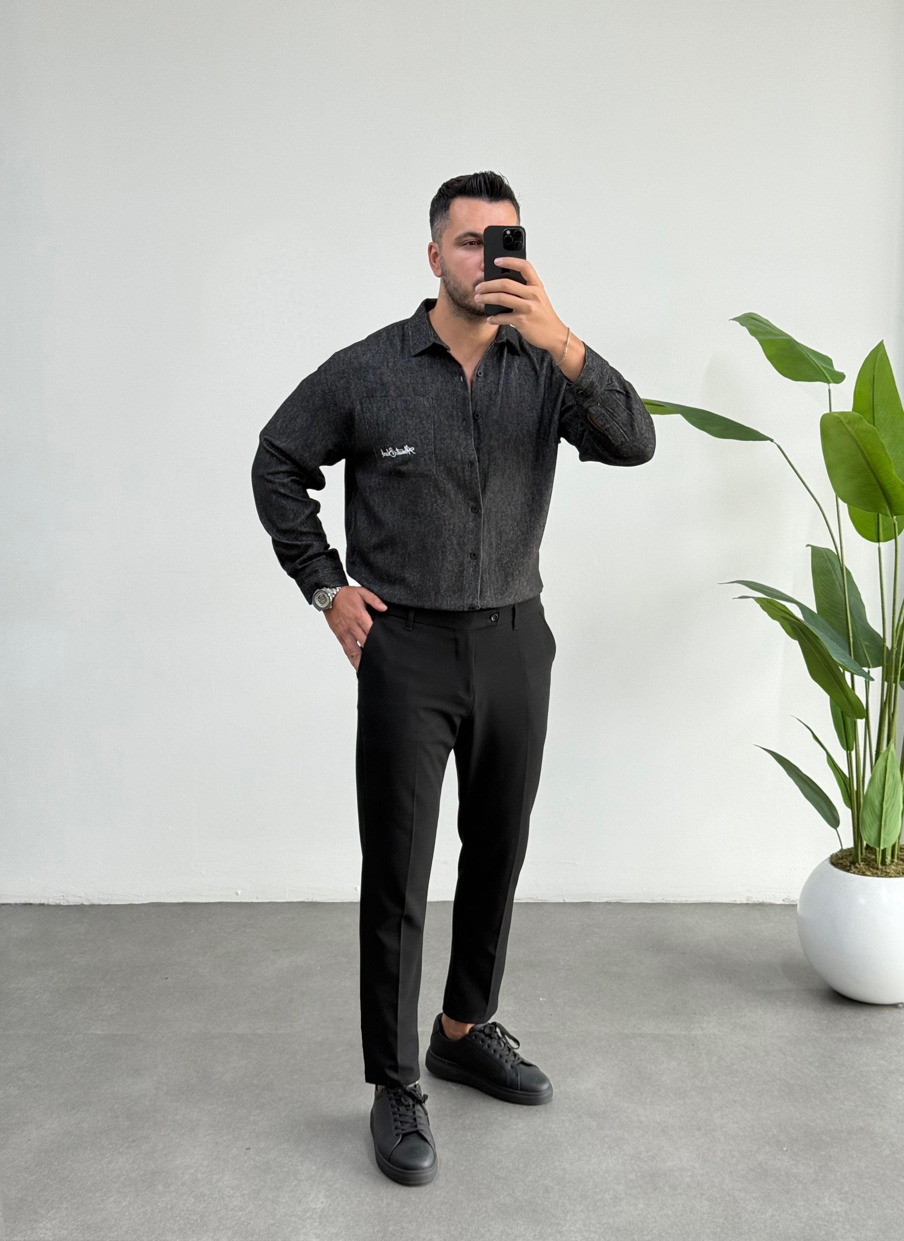 Wool Oversize Füme Kaşmir Gömlek 