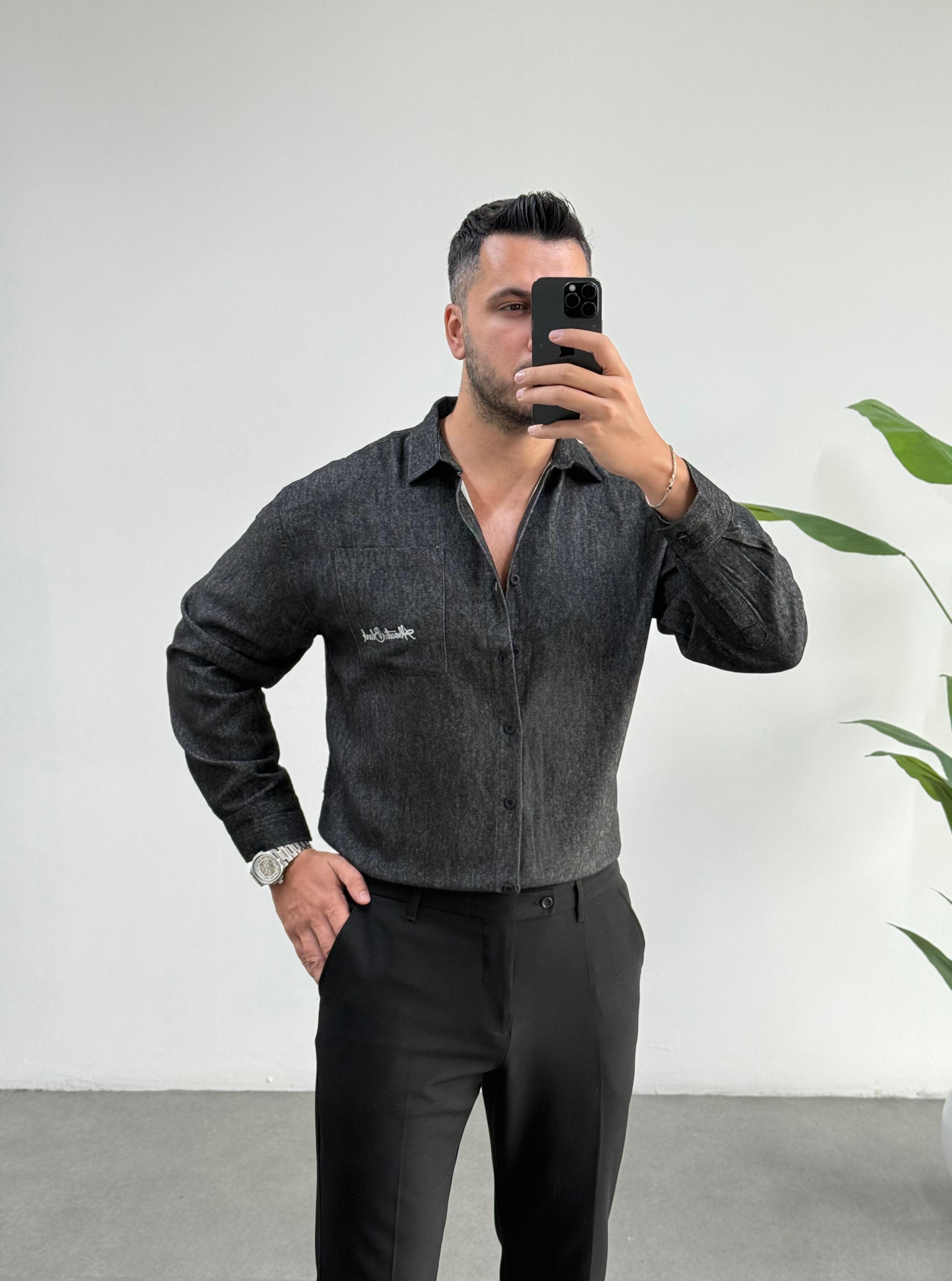 Wool Oversize Füme Kaşmir Gömlek 