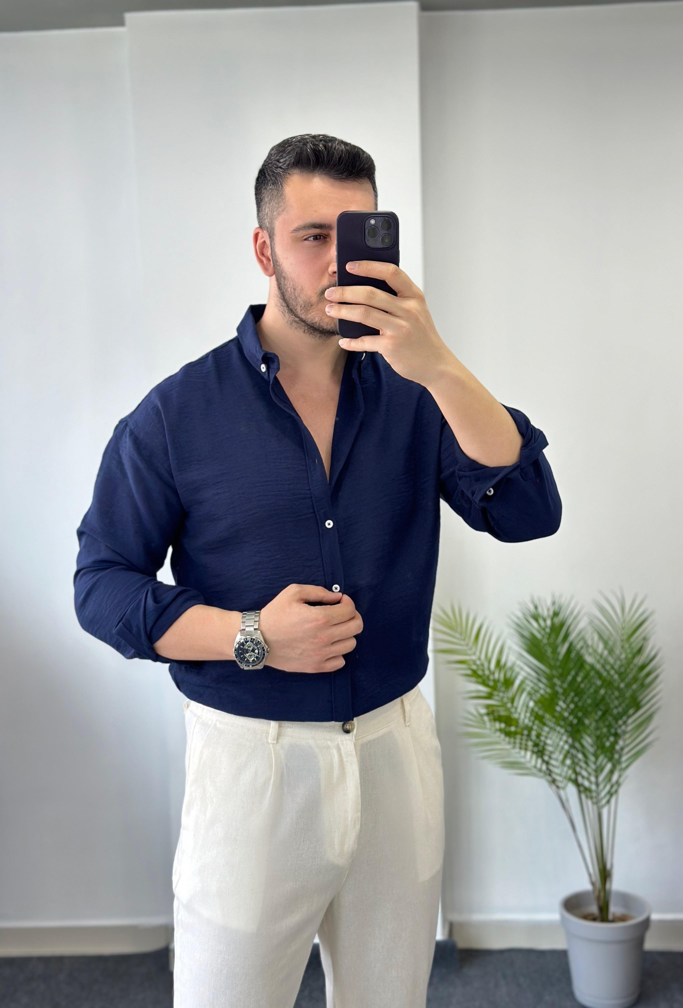 Yaka Düğme Lacivert Oversize Keten Gömlek 