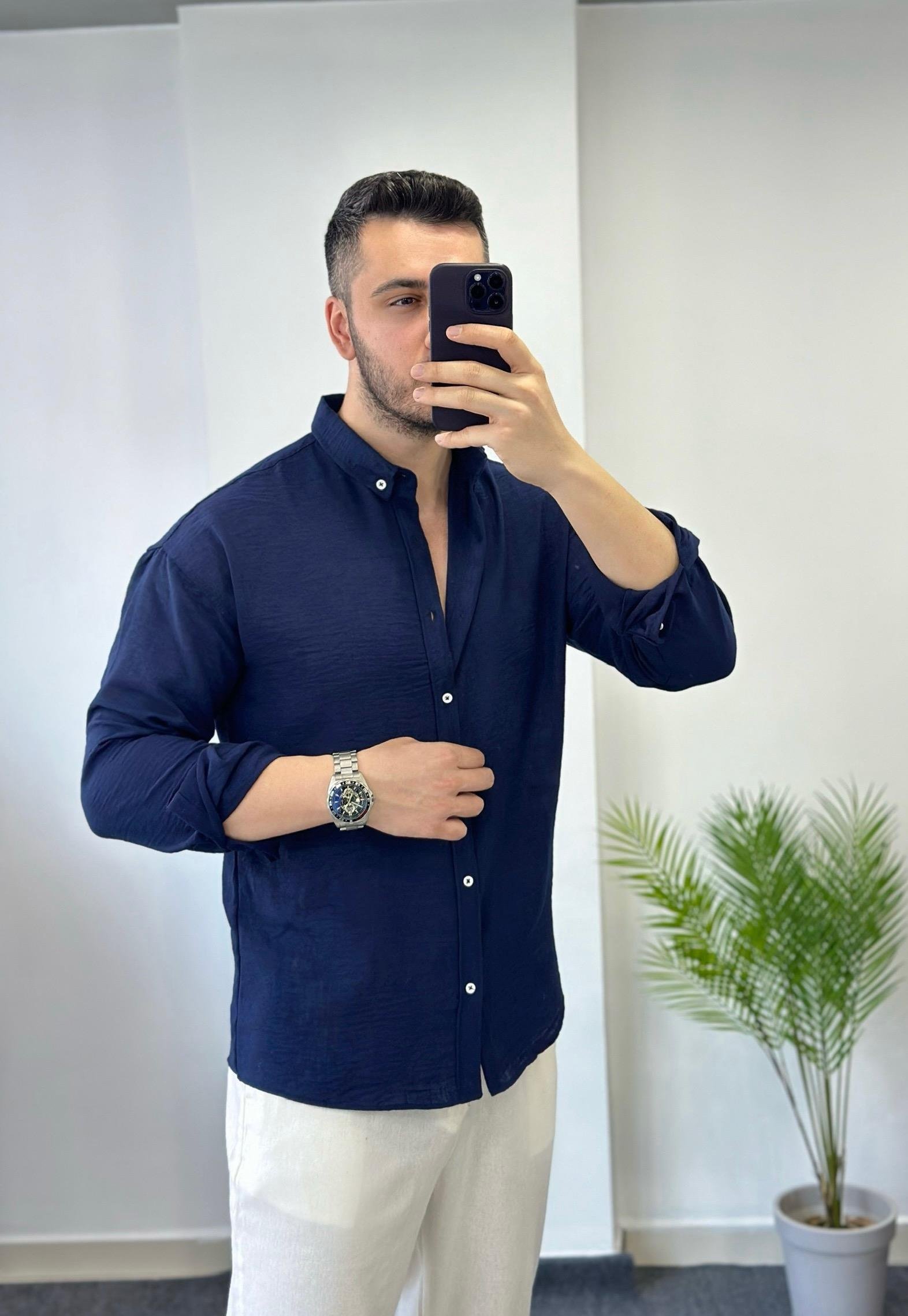 Yaka Düğme Lacivert Oversize Keten Gömlek 