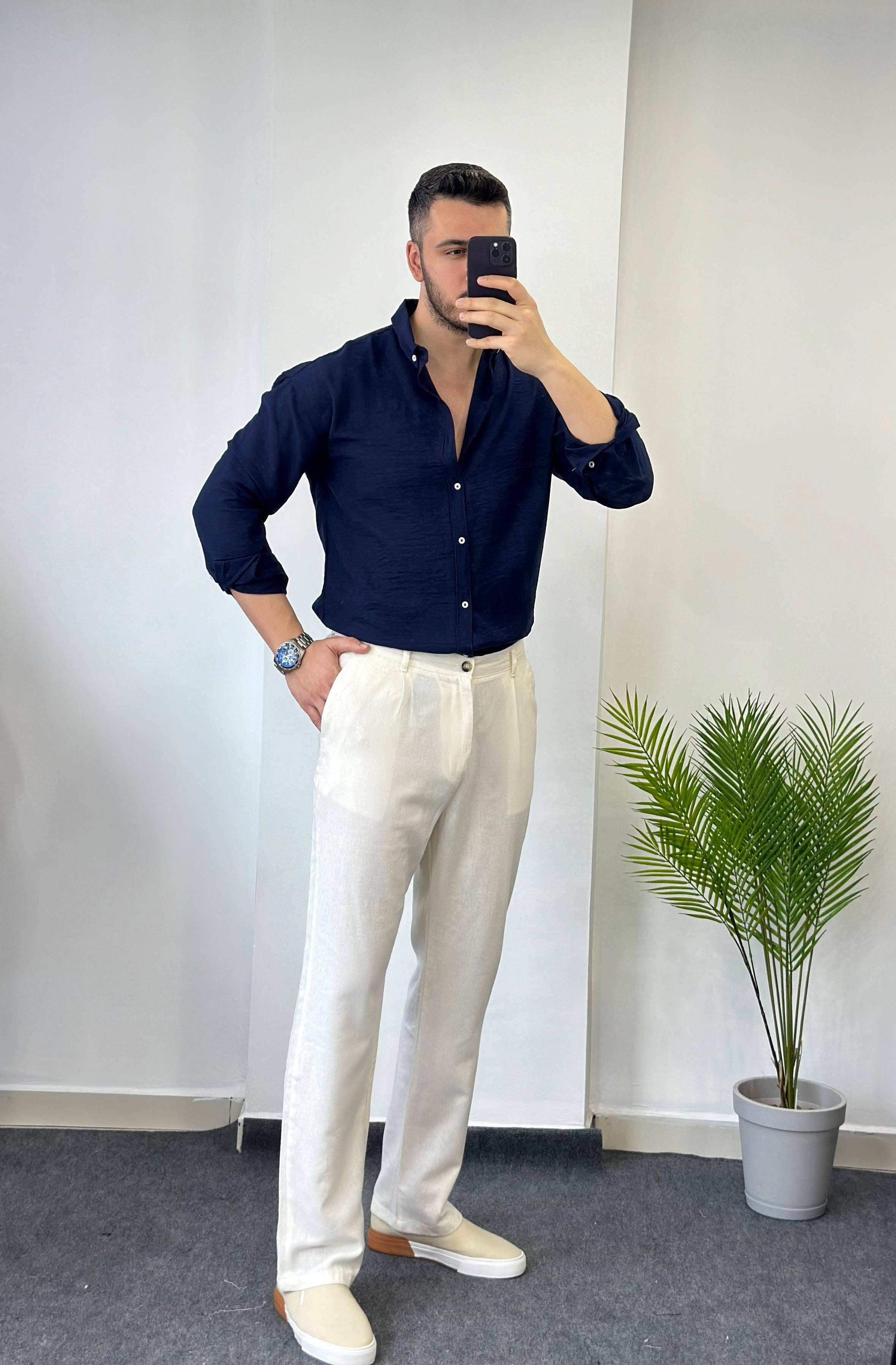 Yaka Düğme Lacivert Oversize Keten Gömlek 