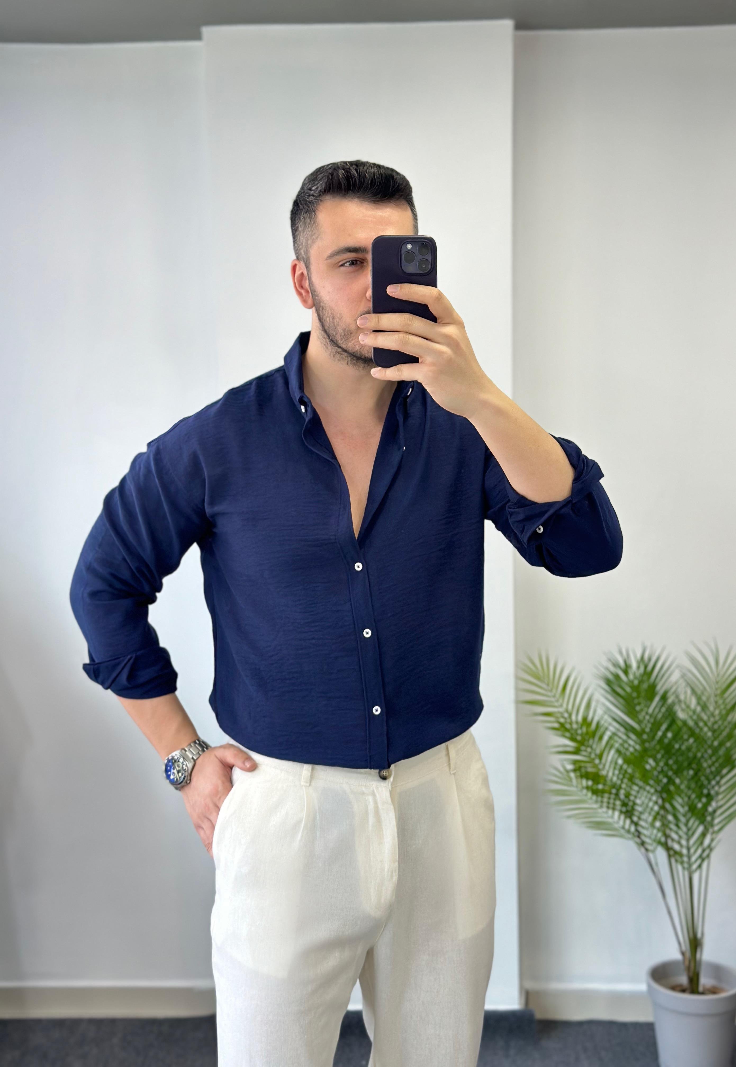 Yaka Düğme Lacivert Oversize Keten Gömlek 