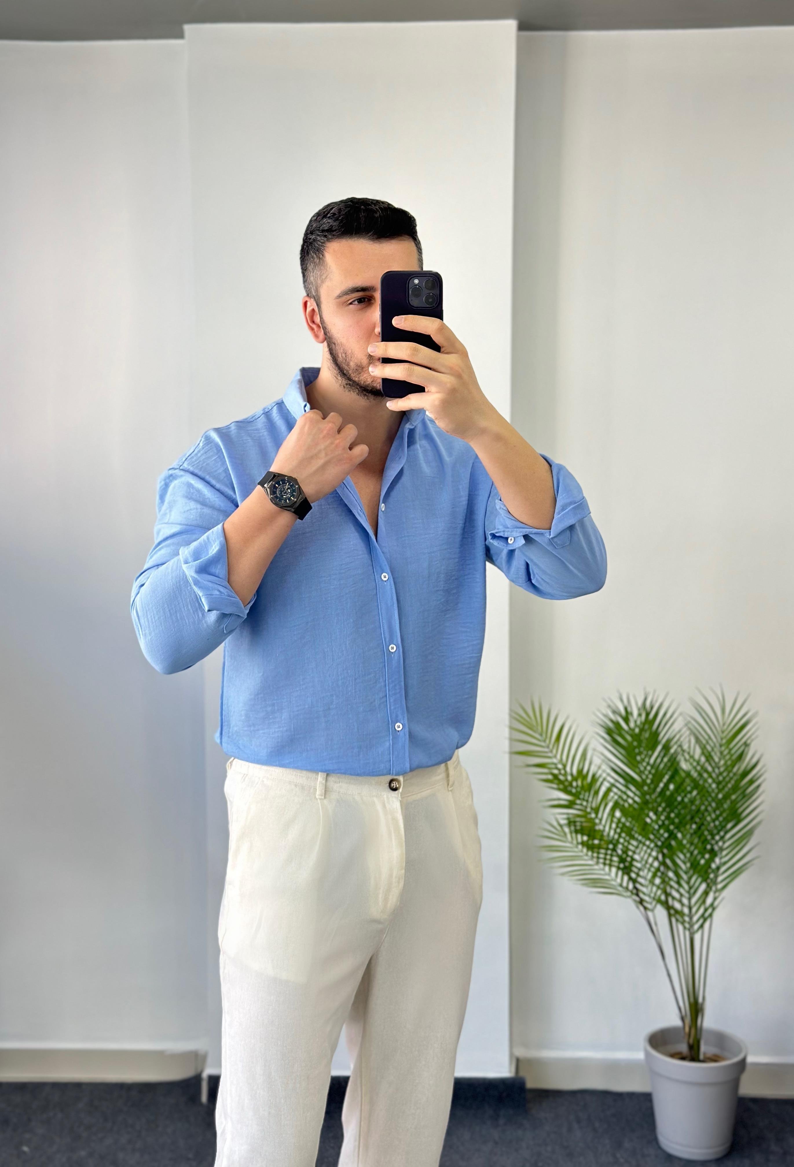 Yaka Düğmeli Mavi Oversize Keten Gömlek 
