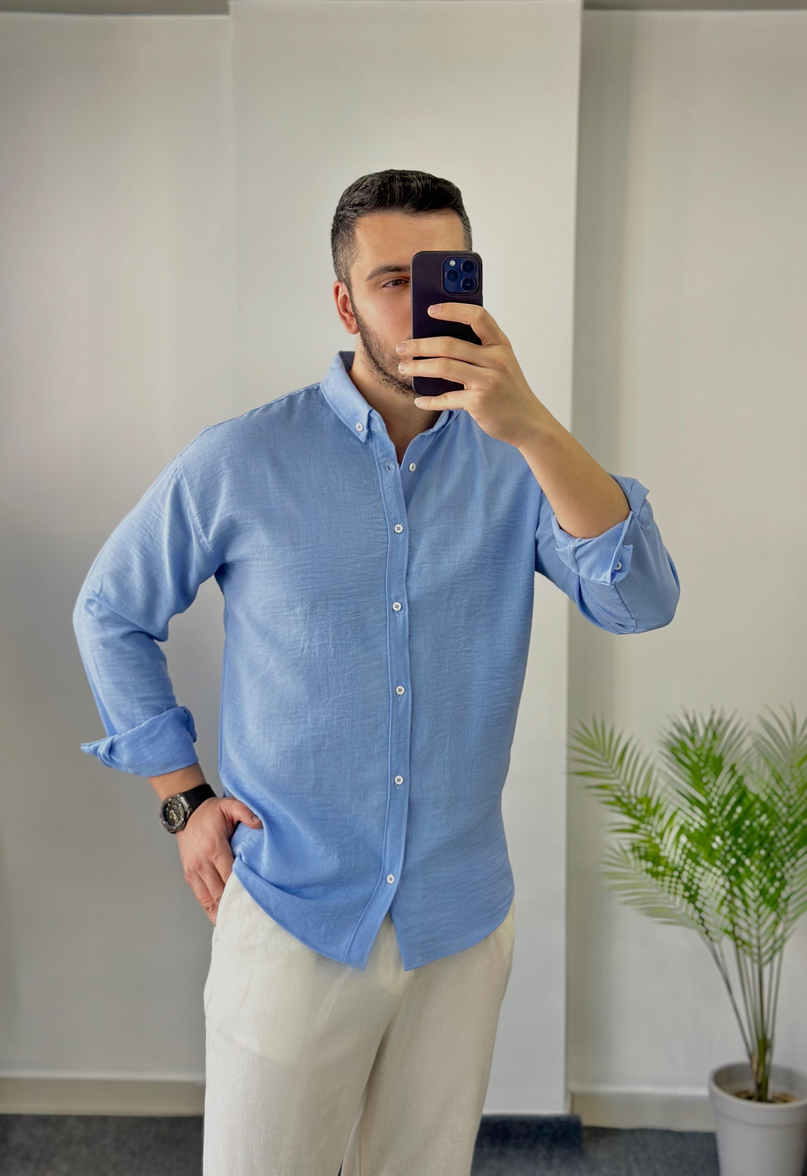 Yaka Düğmeli Mavi Oversize Keten Gömlek 