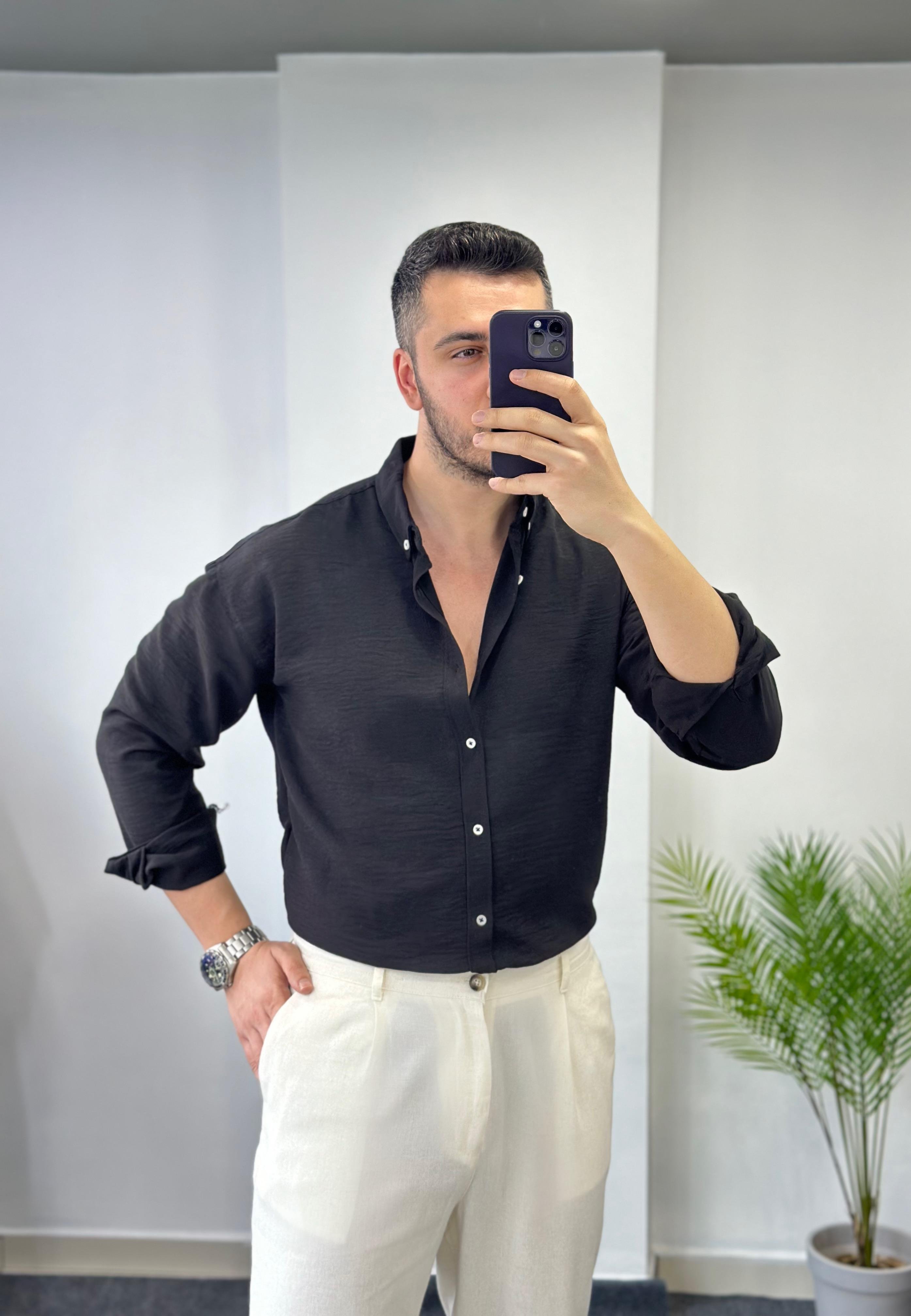 Yaka Düğmeli Siyah Oversize Keten Gömlek