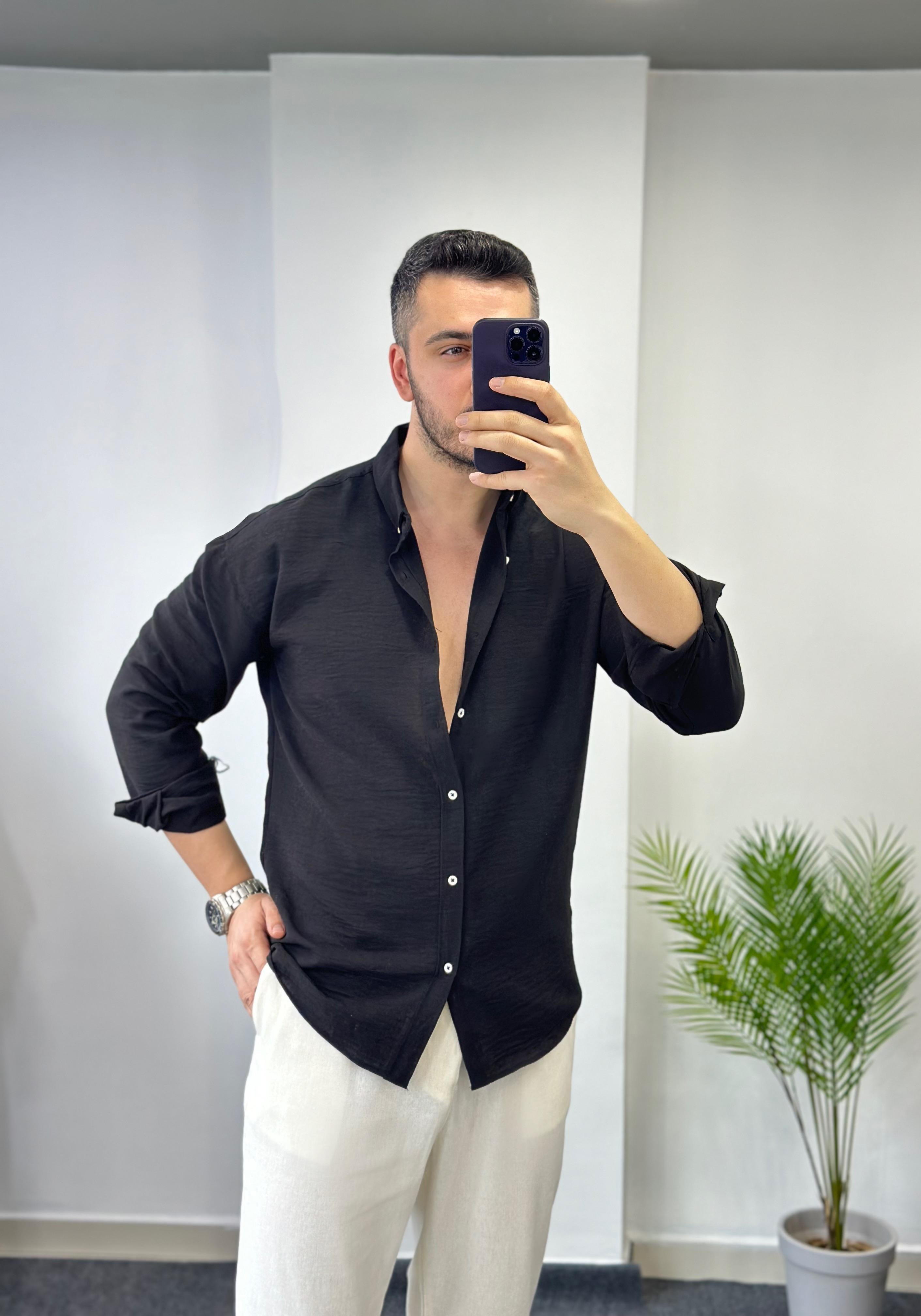 Yaka Düğmeli Siyah Oversize Keten Gömlek