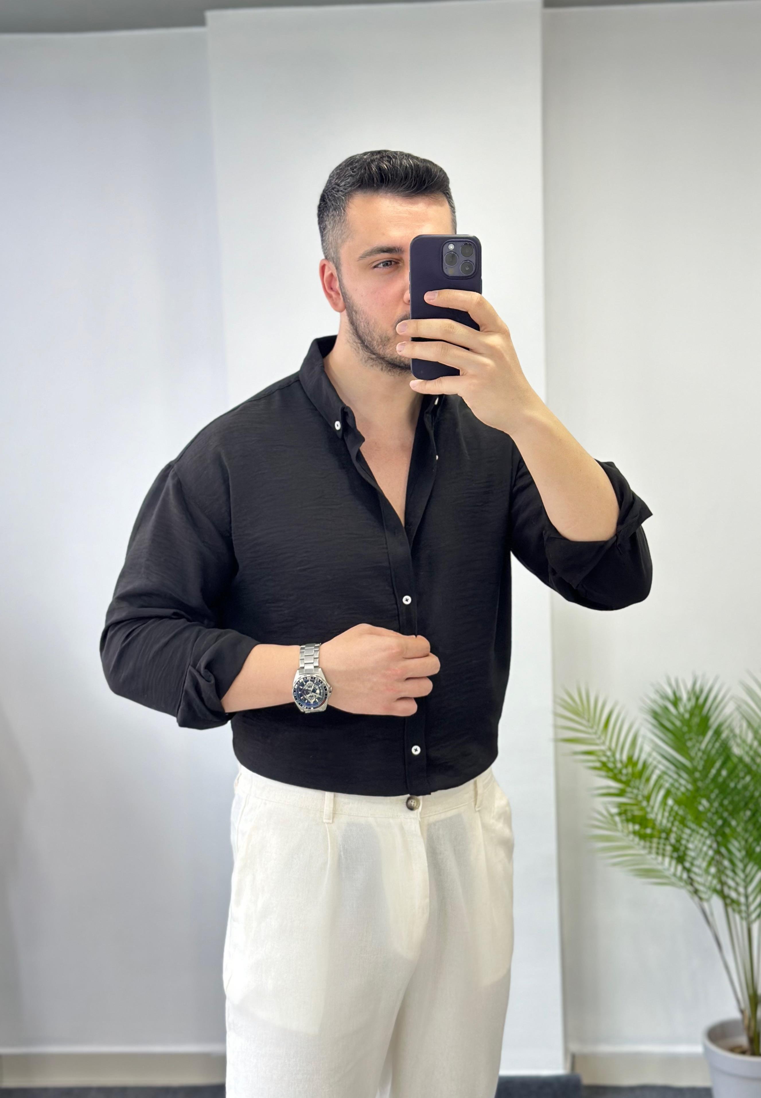 Yaka Düğmeli Siyah Oversize Keten Gömlek