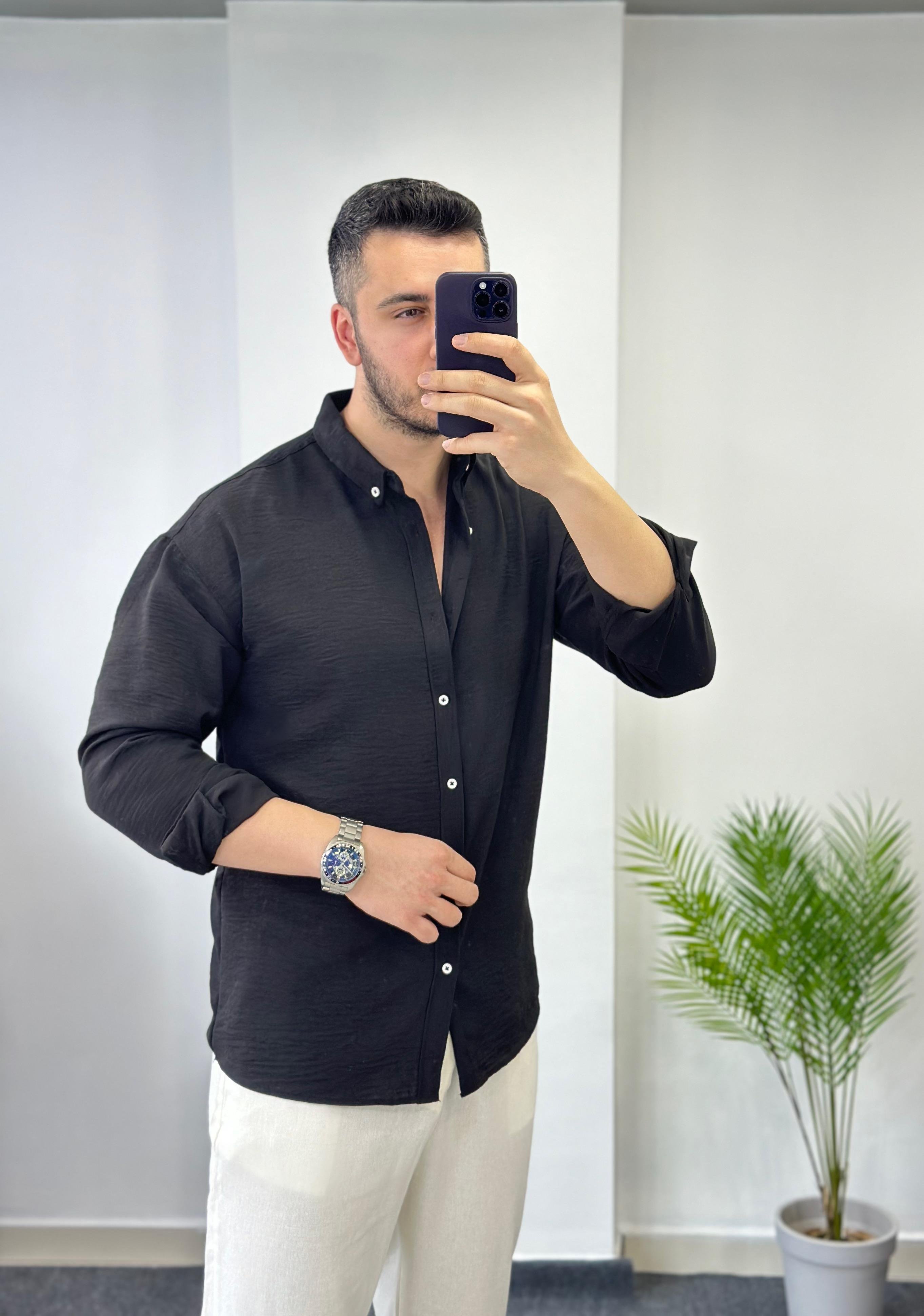 Yaka Düğmeli Siyah Oversize Keten Gömlek