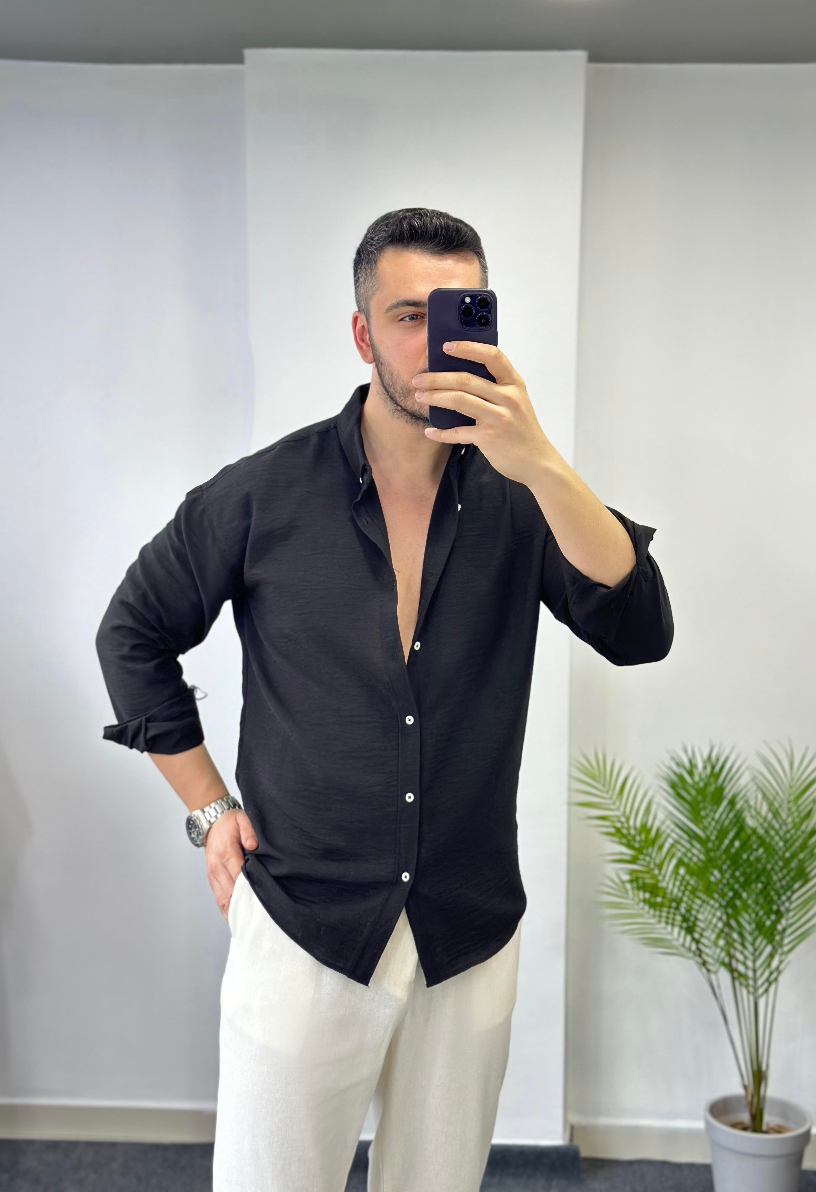 Yaka Düğmeli Siyah Oversize Keten Gömlek