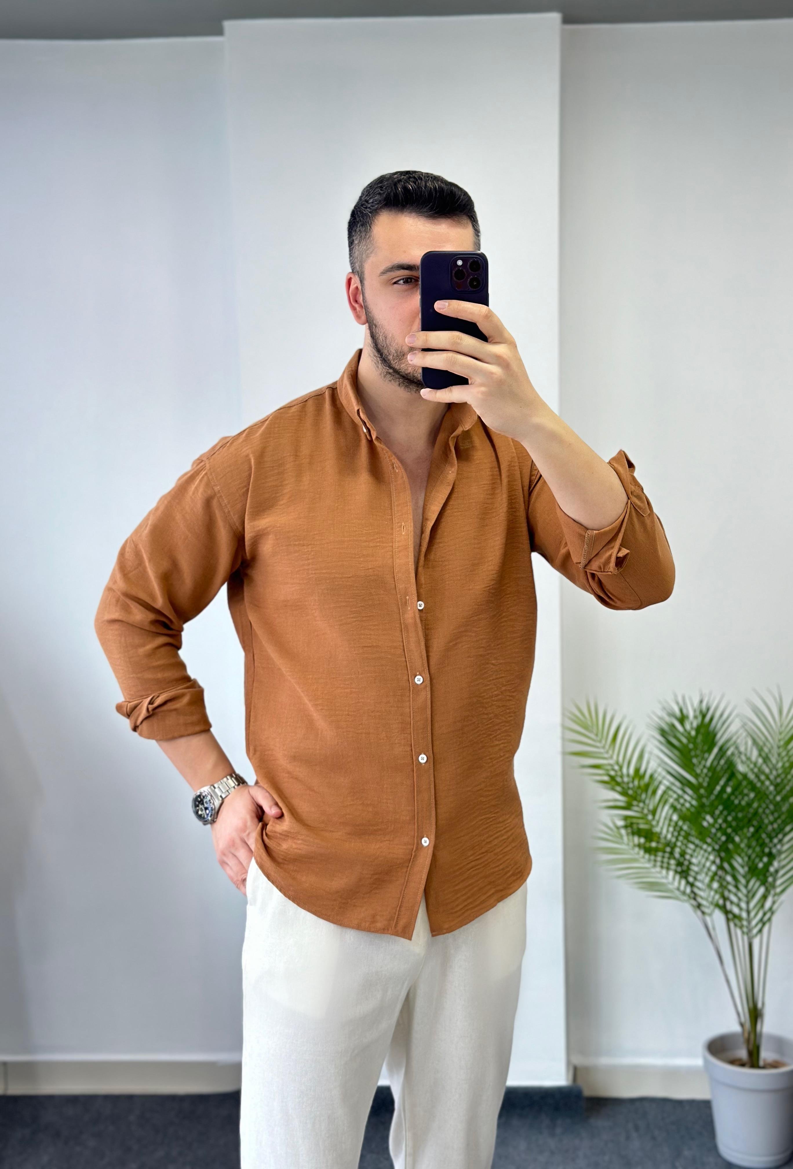 Yaka Düğmeli Taba Oversize Keten Gömlek 