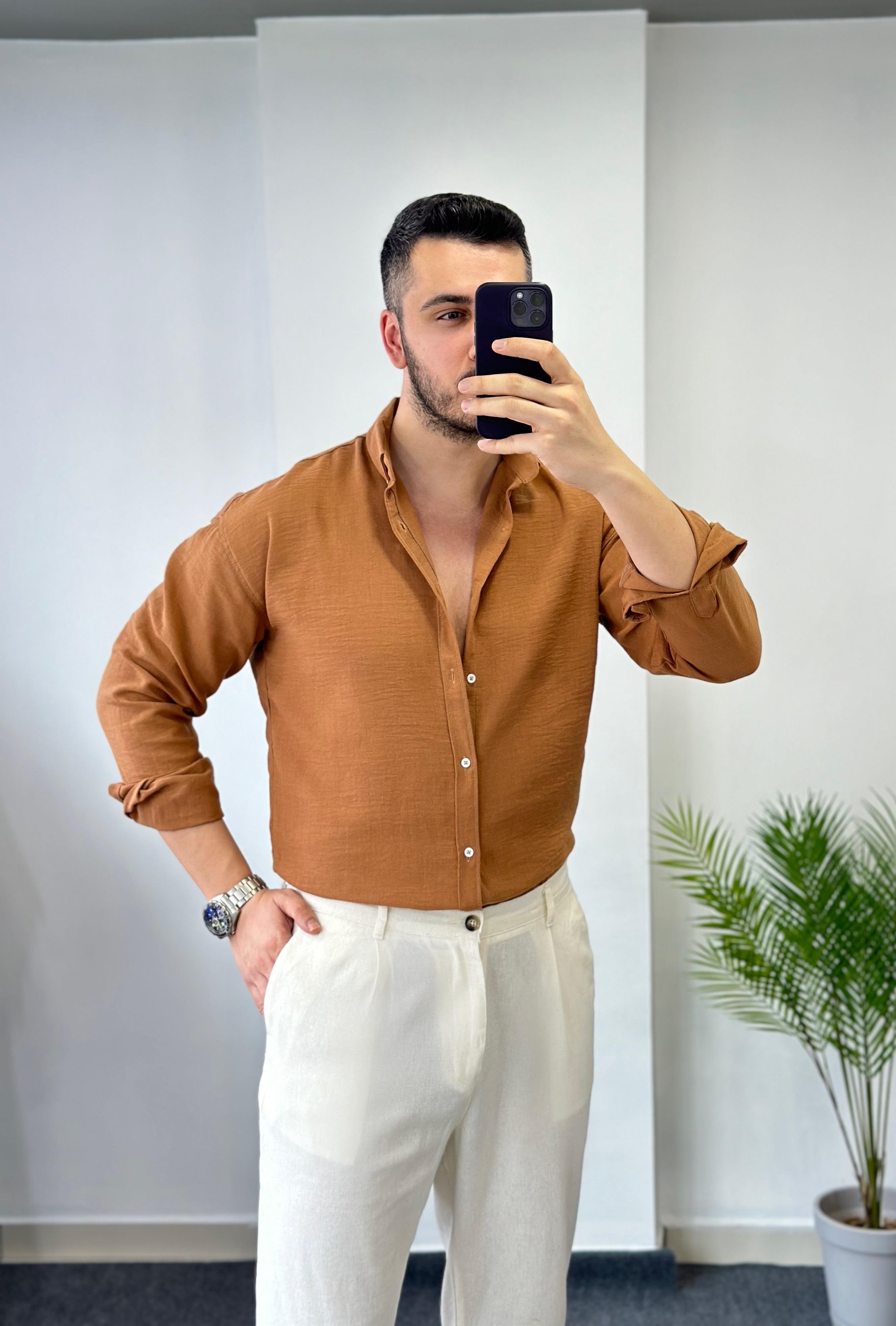 Yaka Düğmeli Taba Oversize Keten Gömlek 