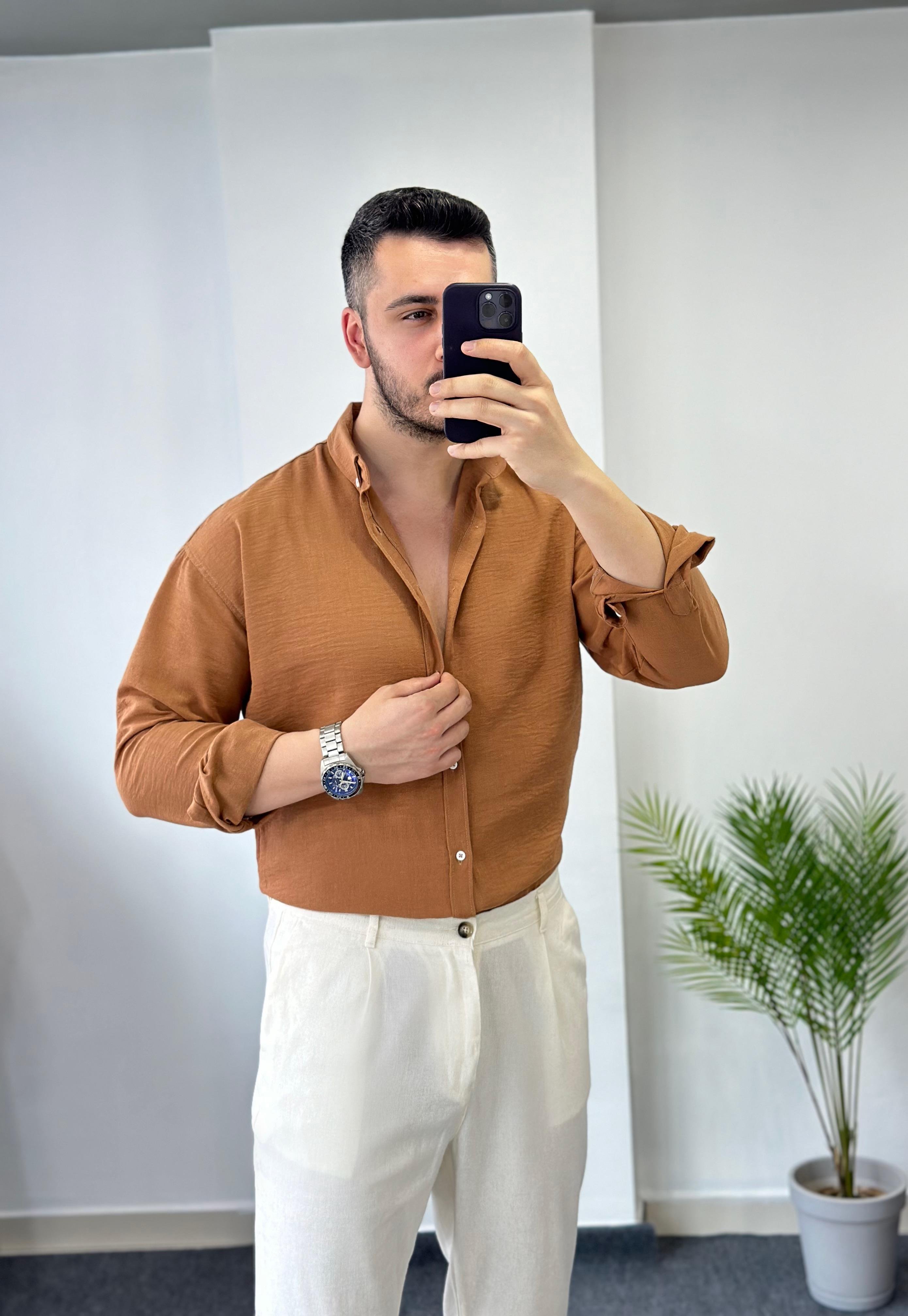 Yaka Düğmeli Taba Oversize Keten Gömlek 