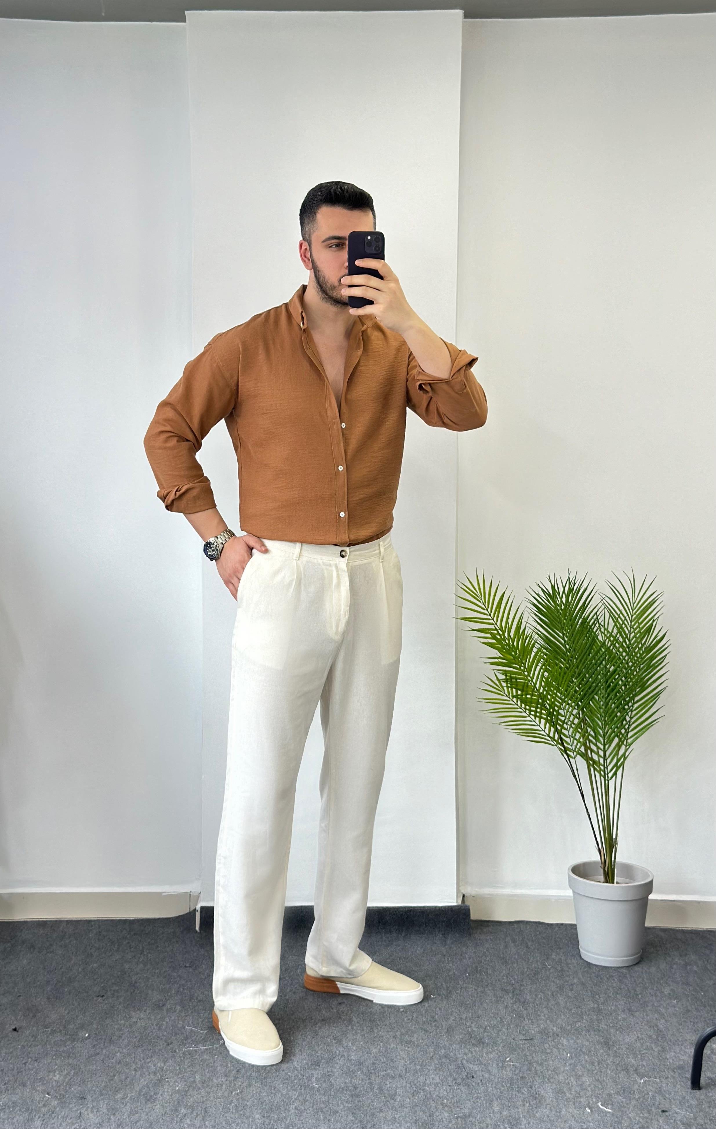 Yaka Düğmeli Taba Oversize Keten Gömlek 