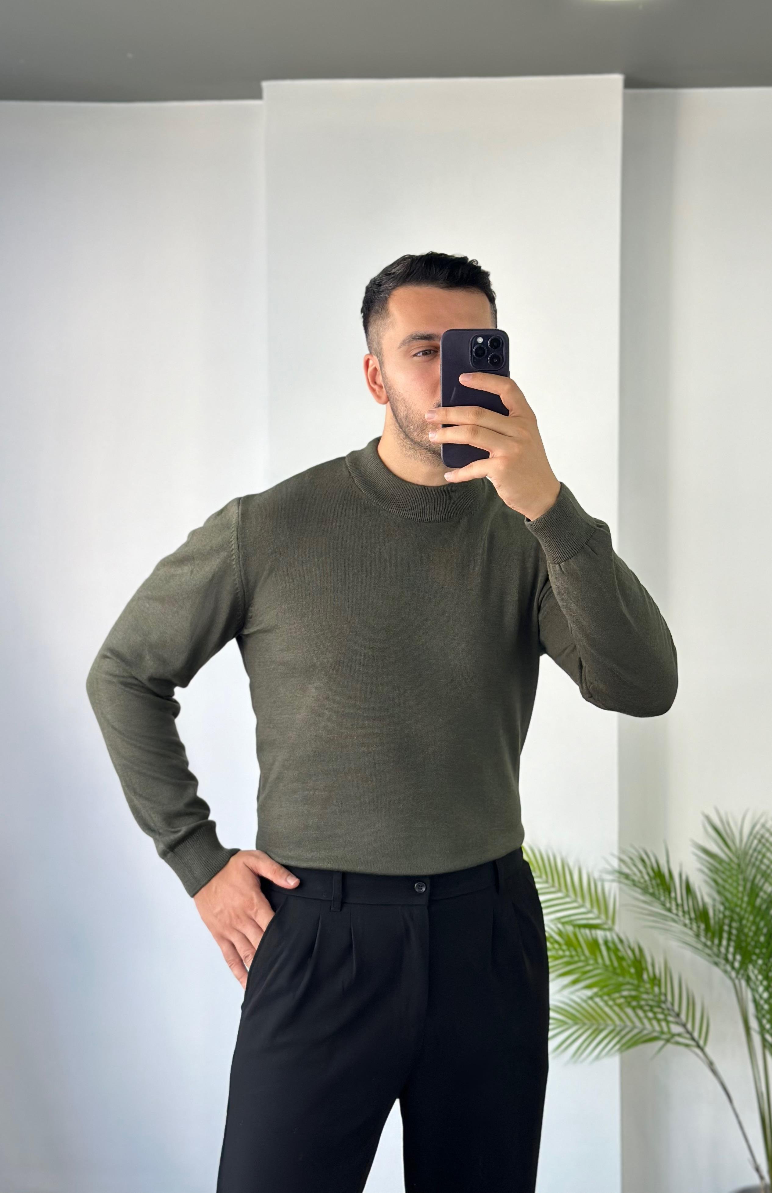Yarım Balıkçı Haki Triko Kazak