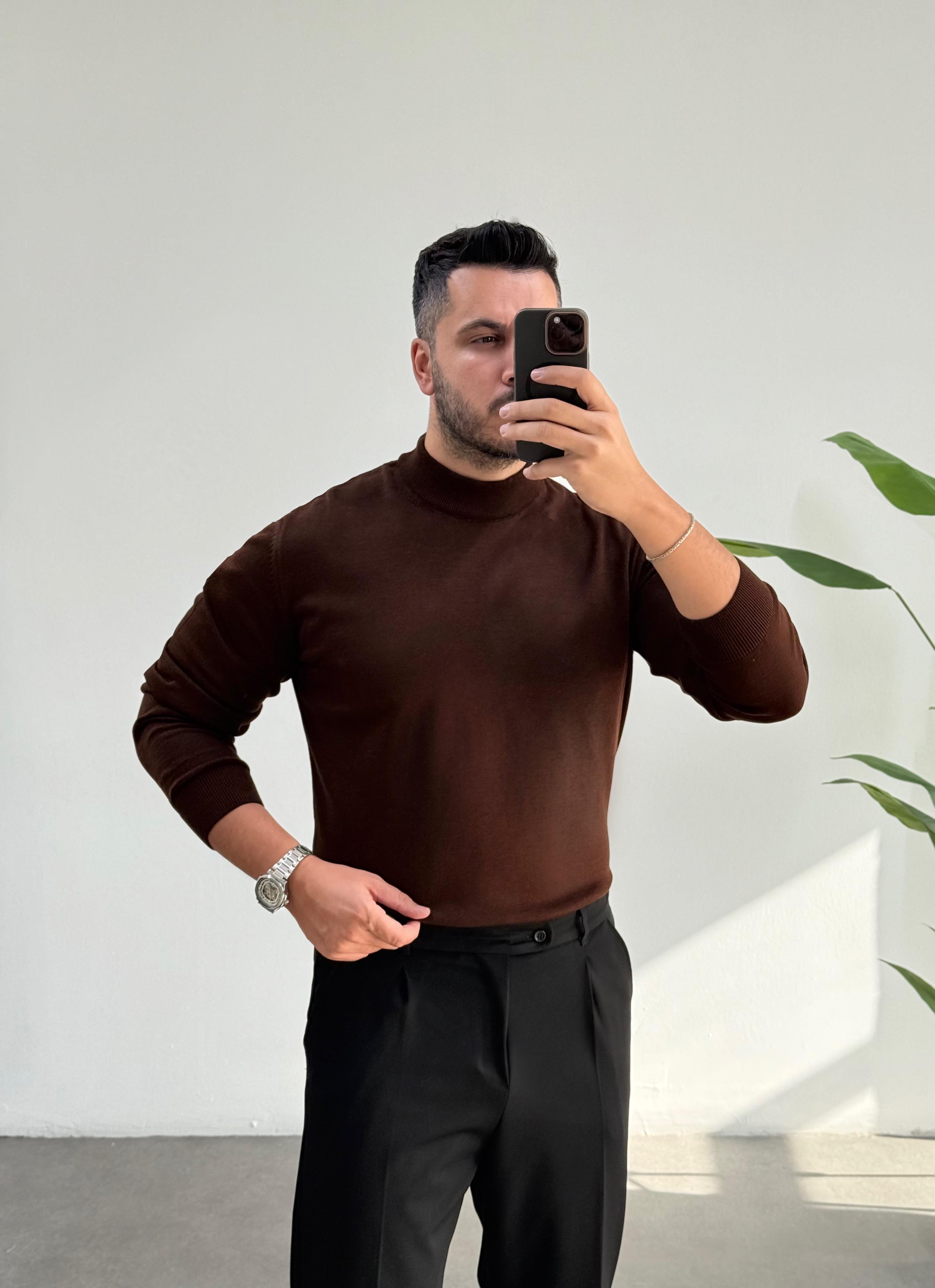 Yarım Balıkçı Kahve Triko Kazak