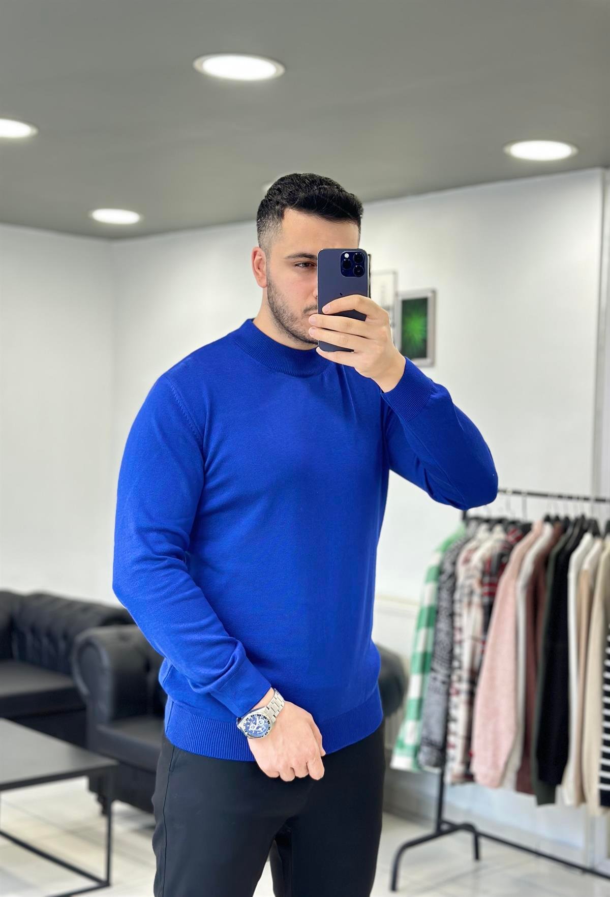 Yarım Balıkçı Saks Triko Kazak 