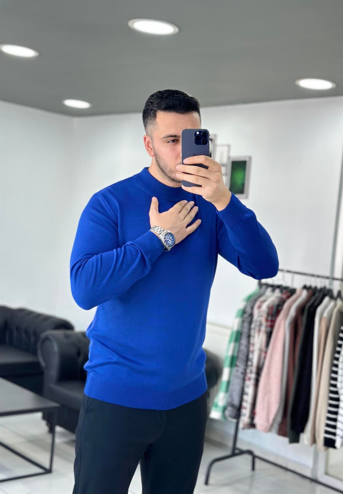 Yarım Balıkçı Saks Triko Kazak 