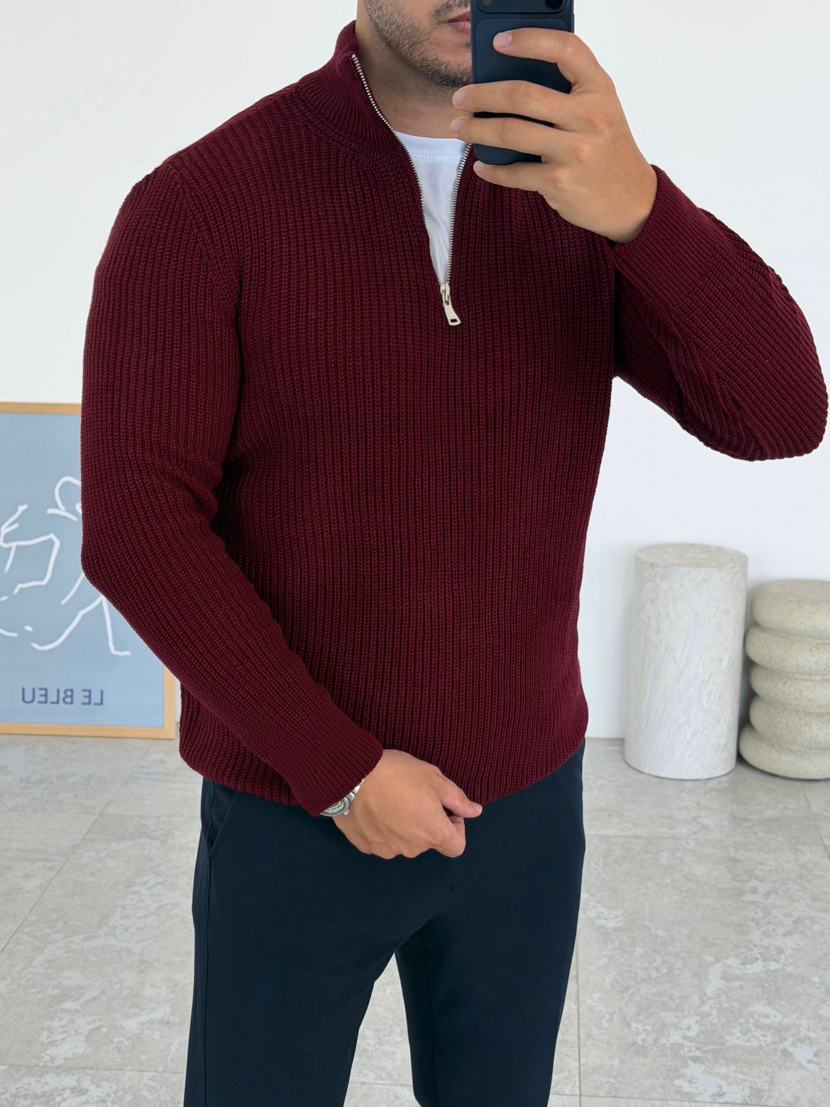 Yarım Fermuarlı  Bordo Kazak