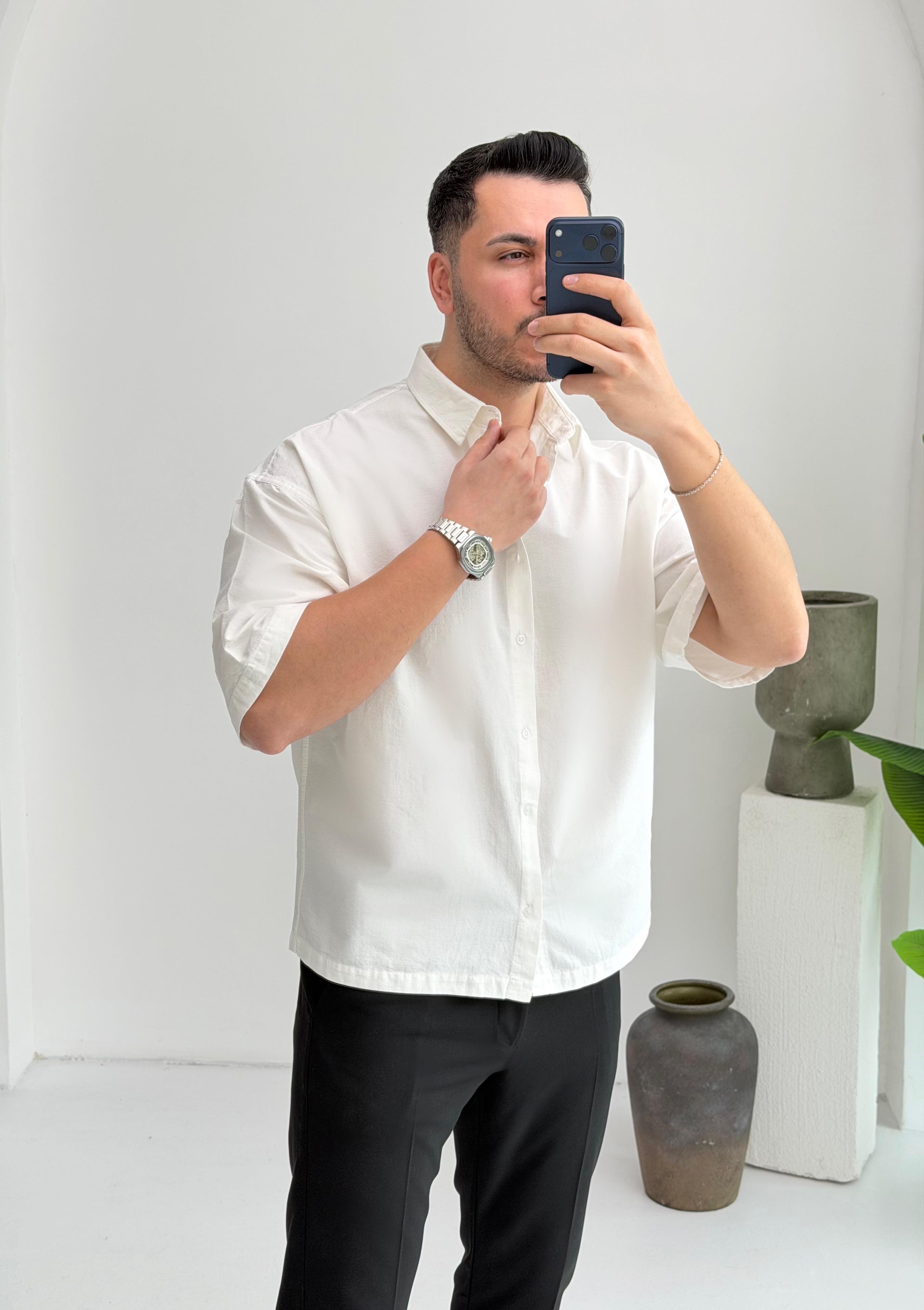 Yarım Kol Beyaz Oversize Keten Gömlek