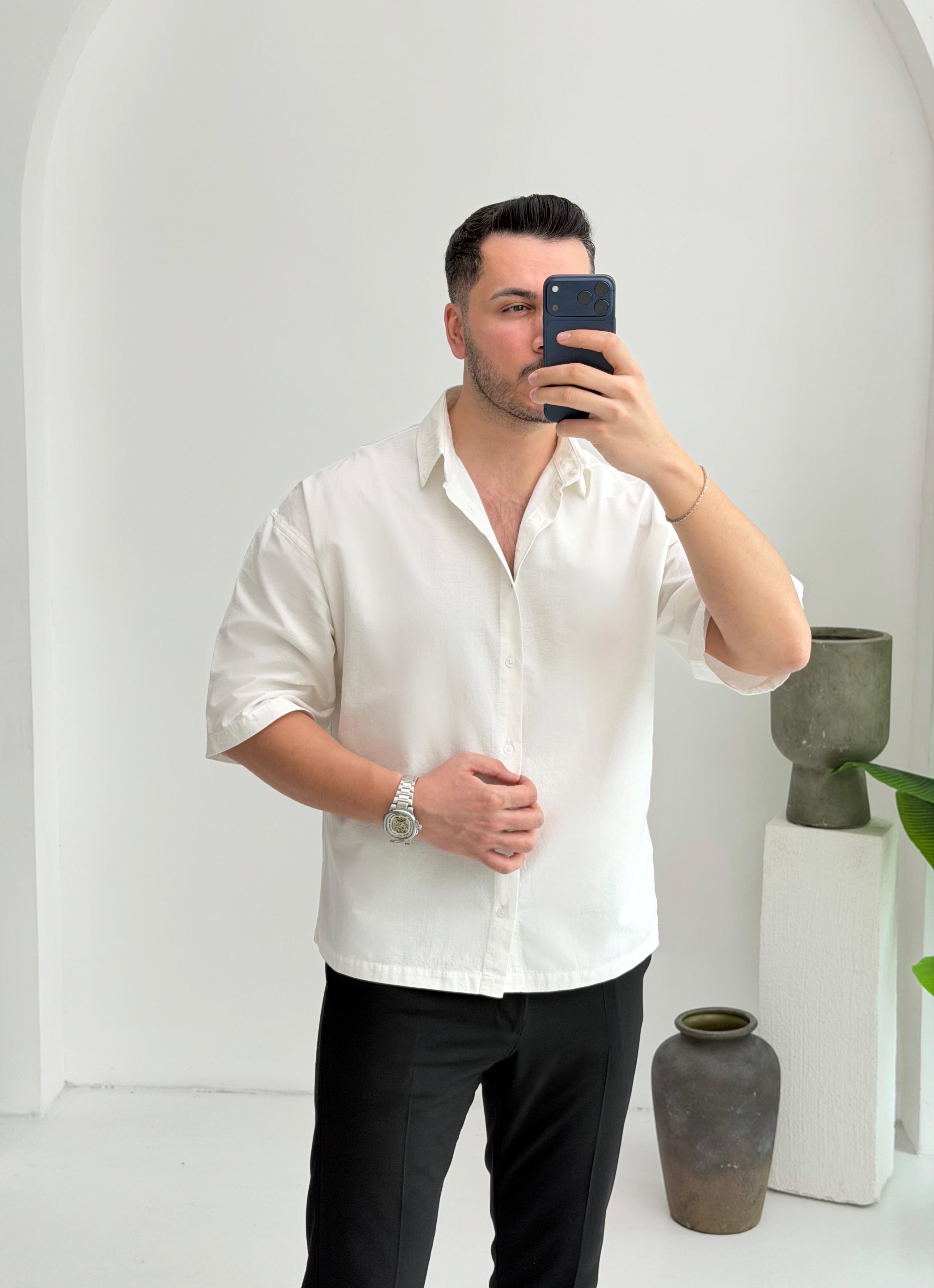 Yarım Kol Beyaz Oversize Keten Gömlek