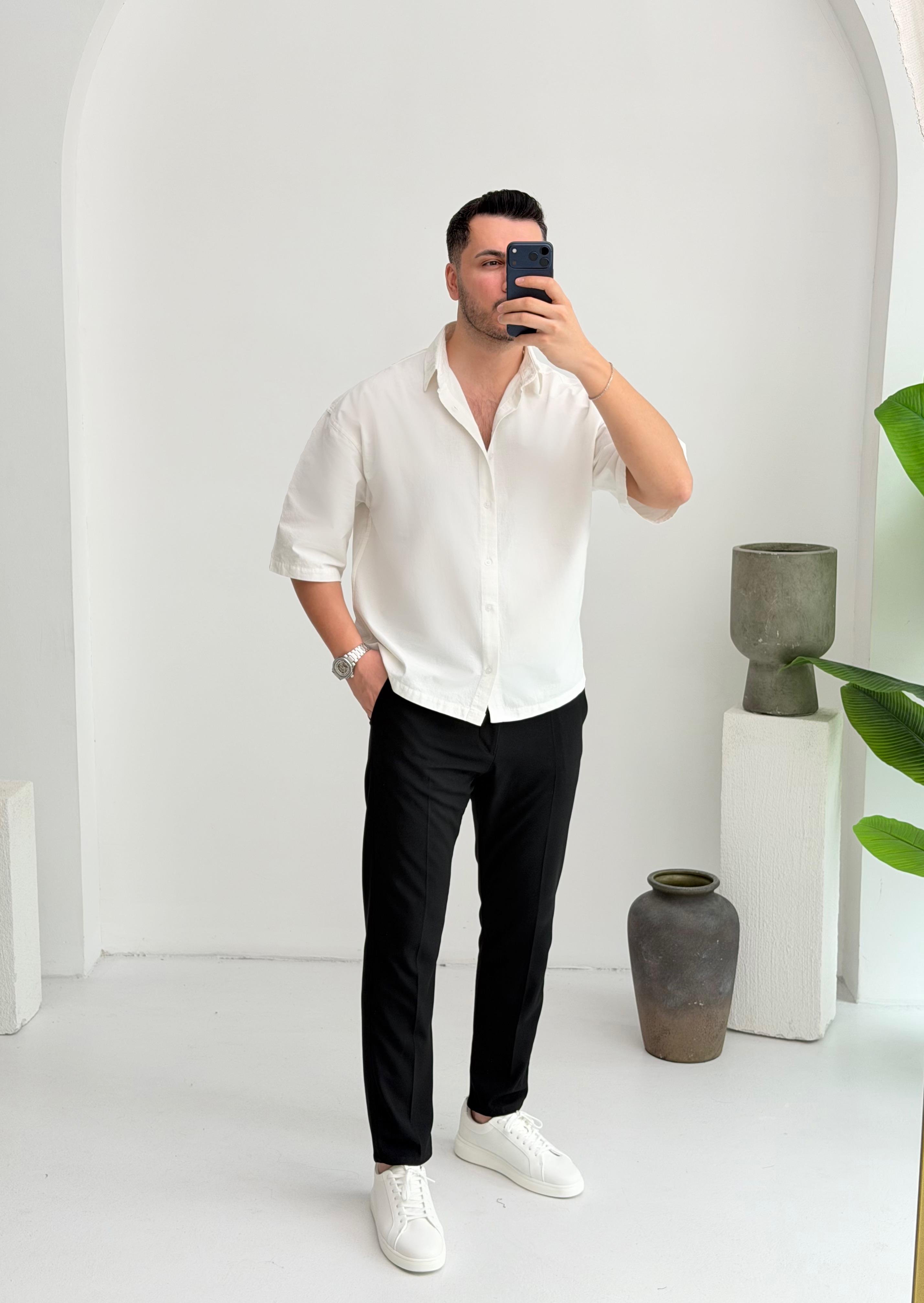 Yarım Kol Beyaz Oversize Keten Gömlek