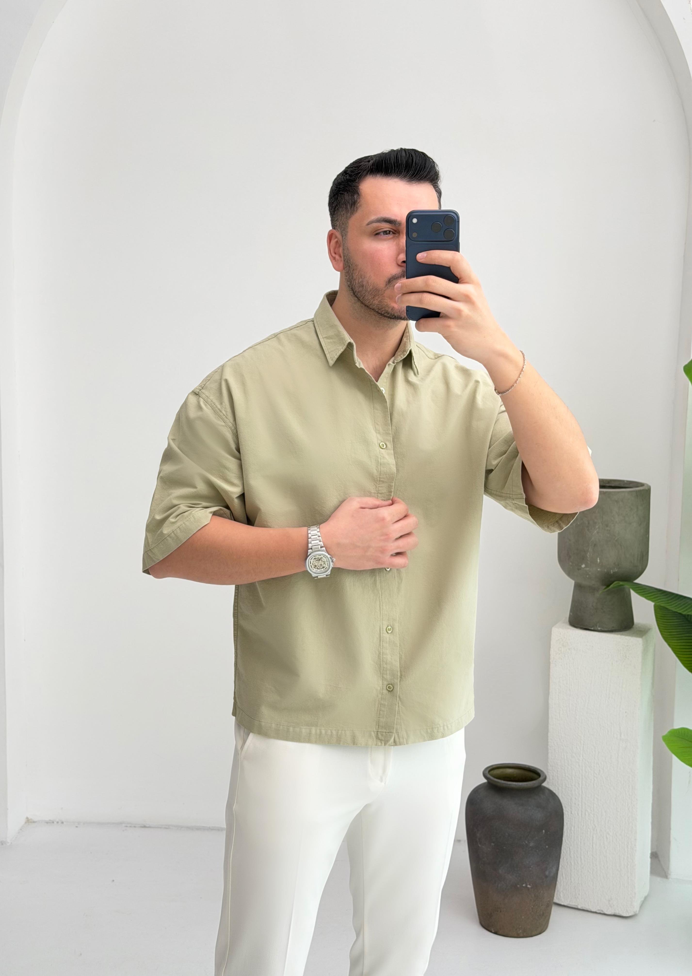 Yarım Kol Çağla Oversize Keten Gömlek