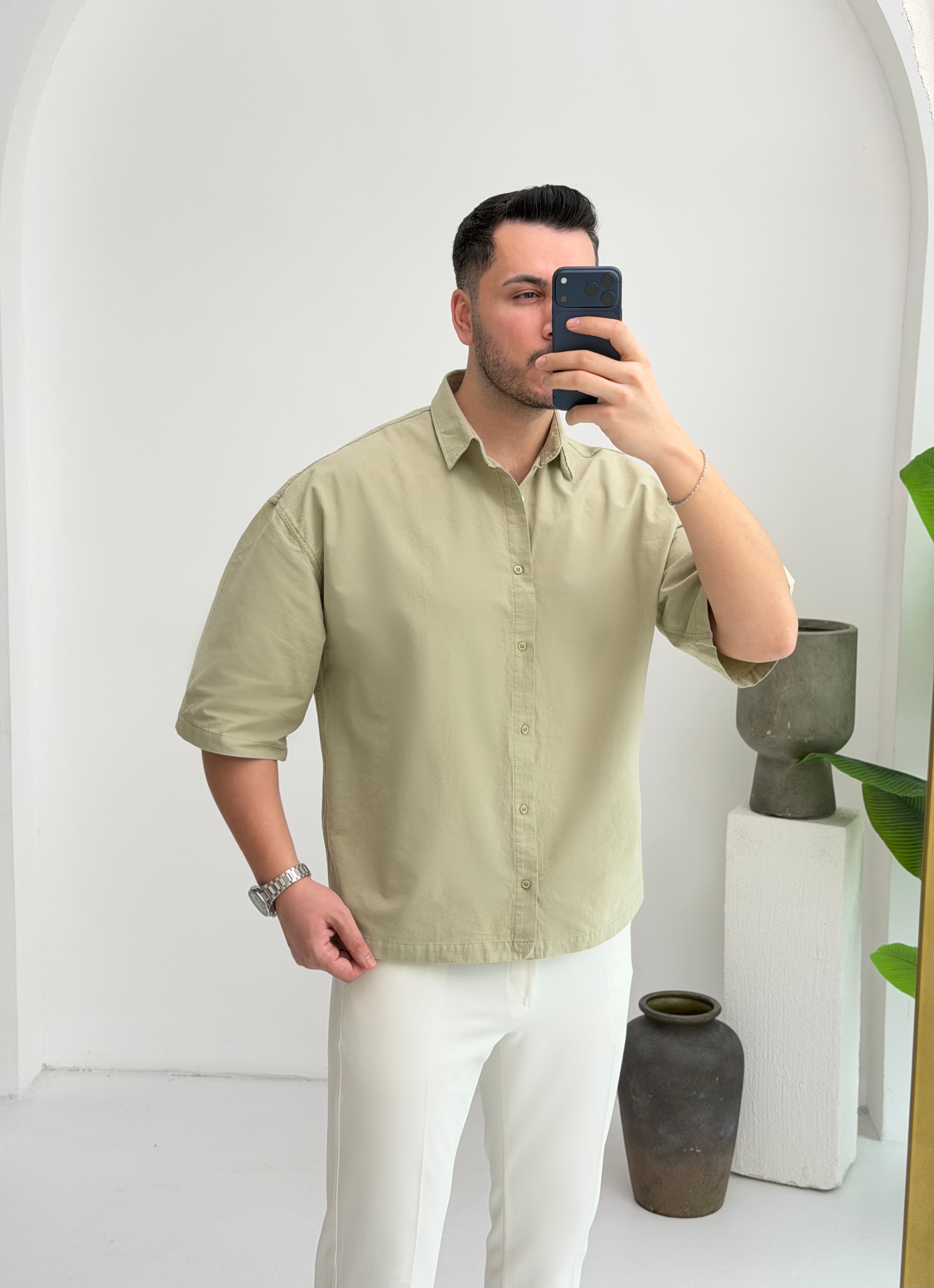 Yarım Kol Çağla Oversize Keten Gömlek