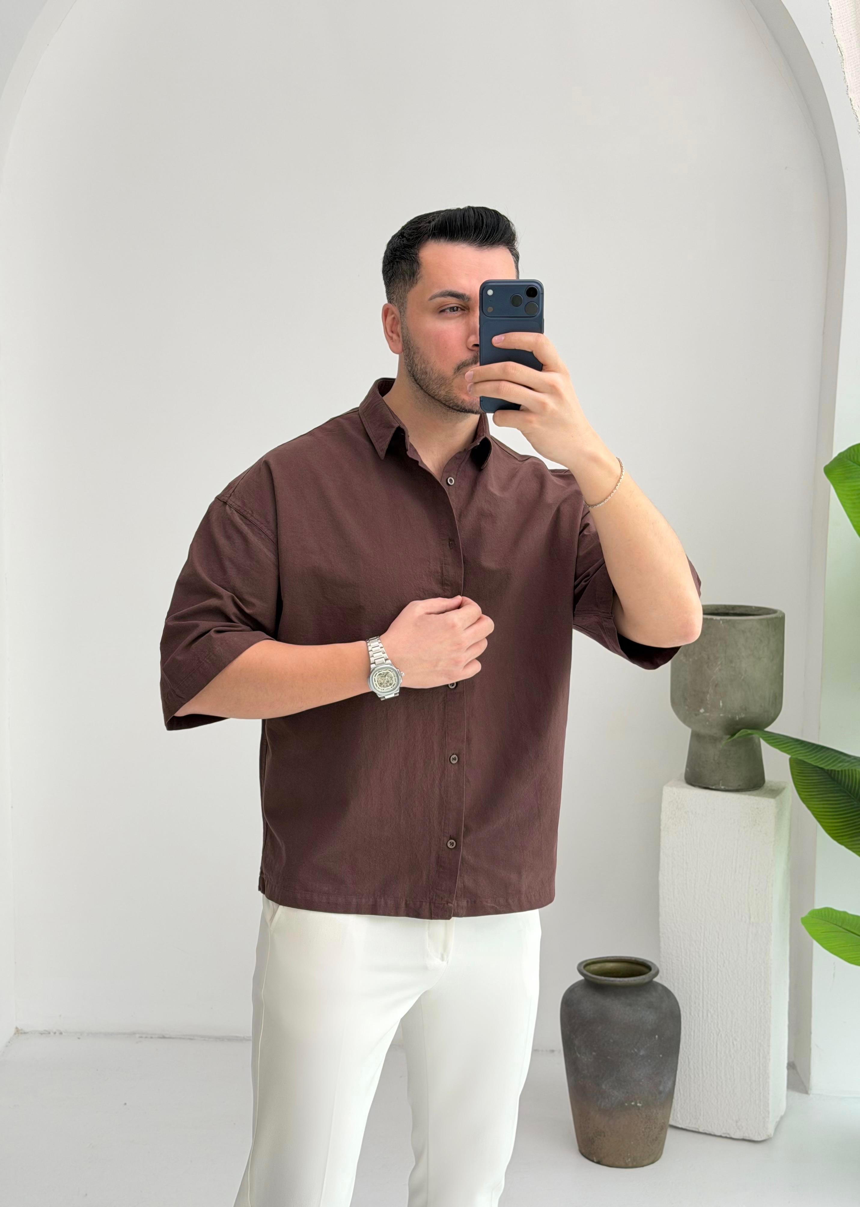 Yarım Kol Kahve Oversize Keten Gömlek