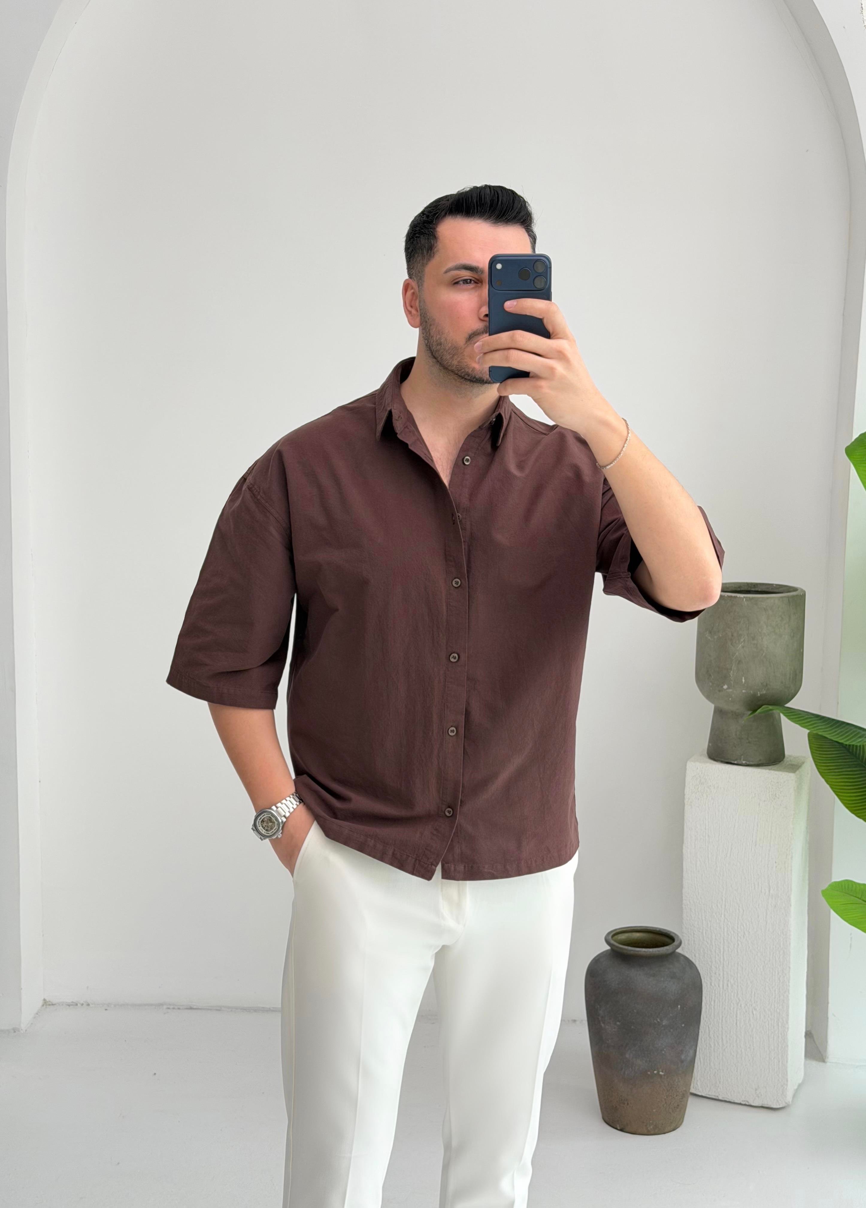 Yarım Kol Kahve Oversize Keten Gömlek