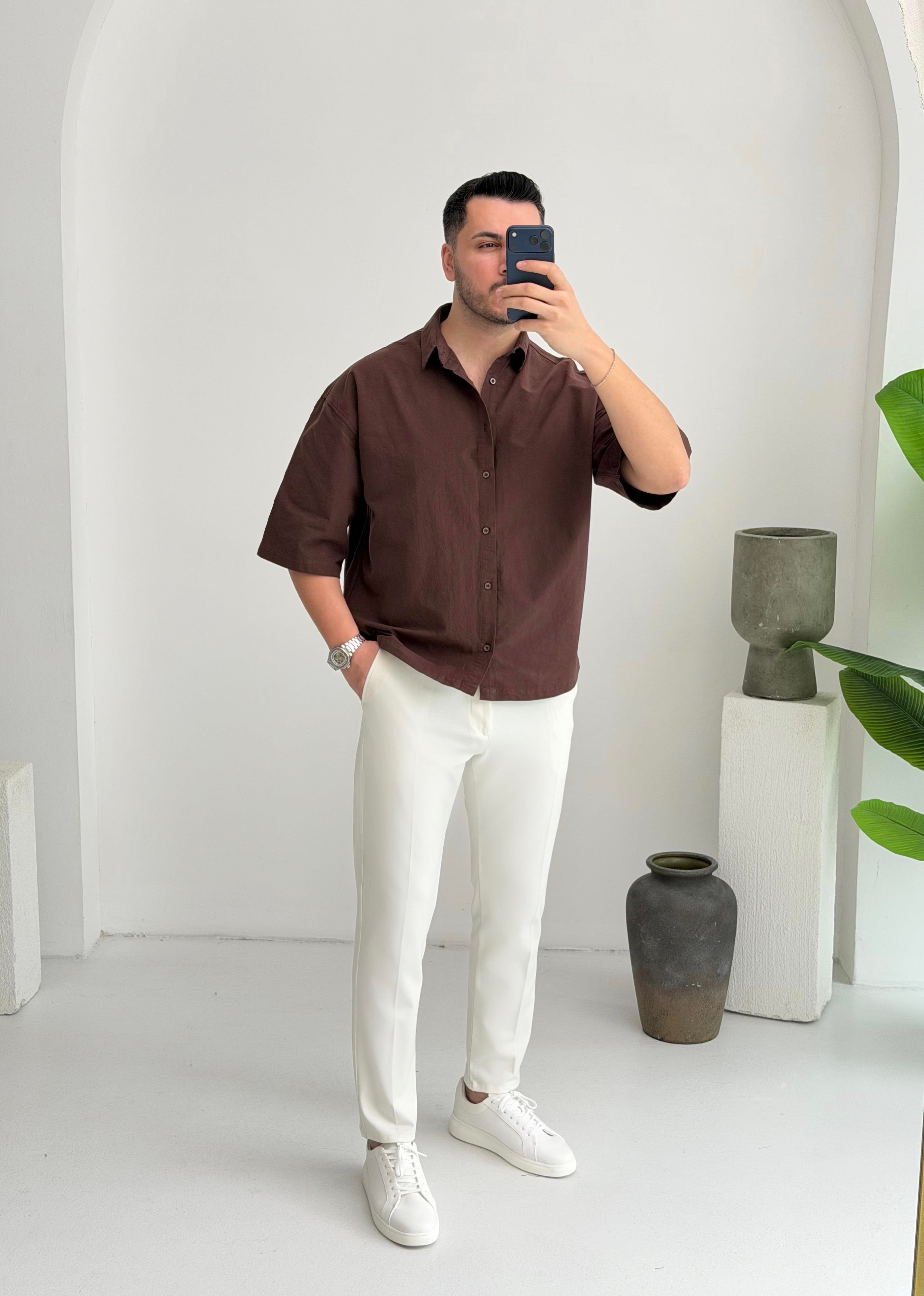 Yarım Kol Kahve Oversize Keten Gömlek