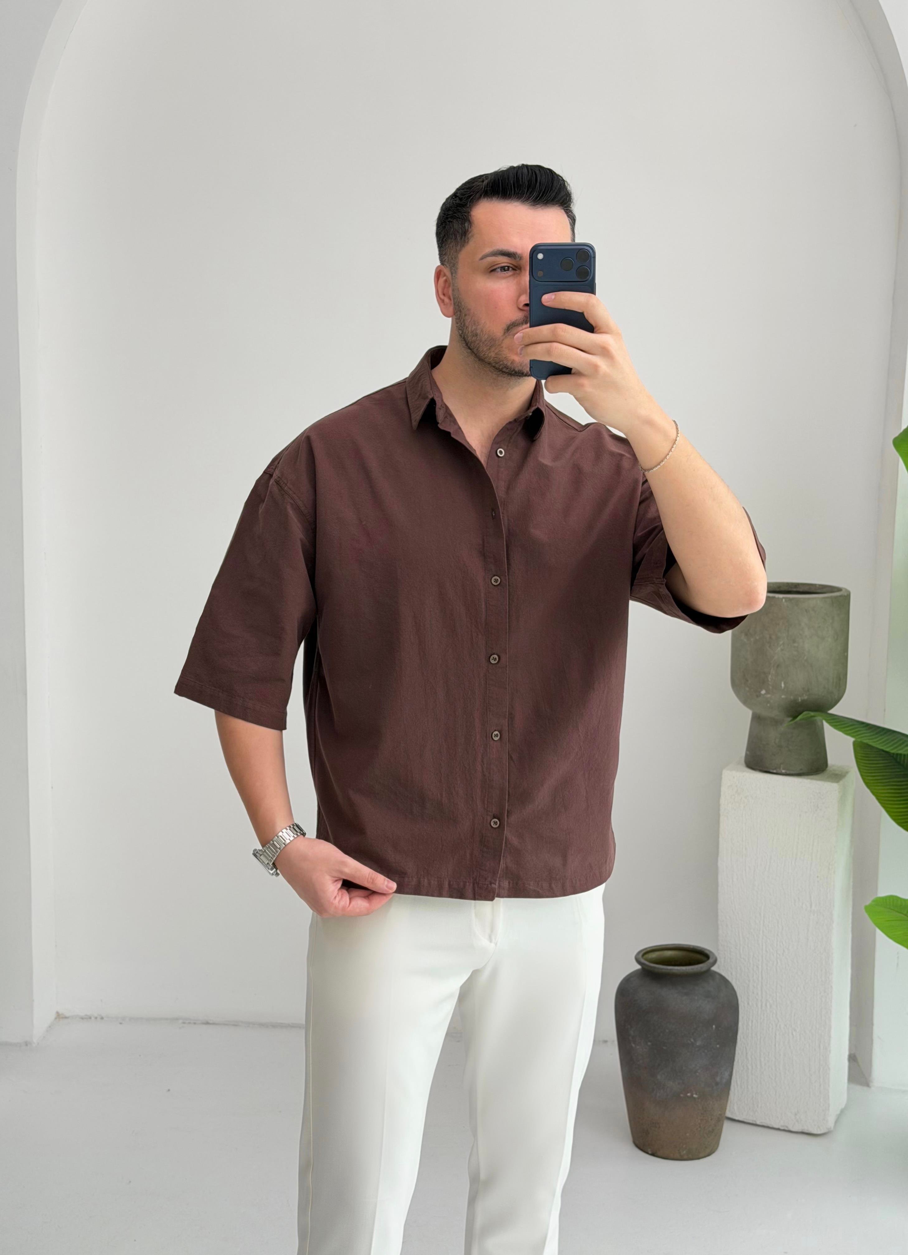 Yarım Kol Kahve Oversize Keten Gömlek