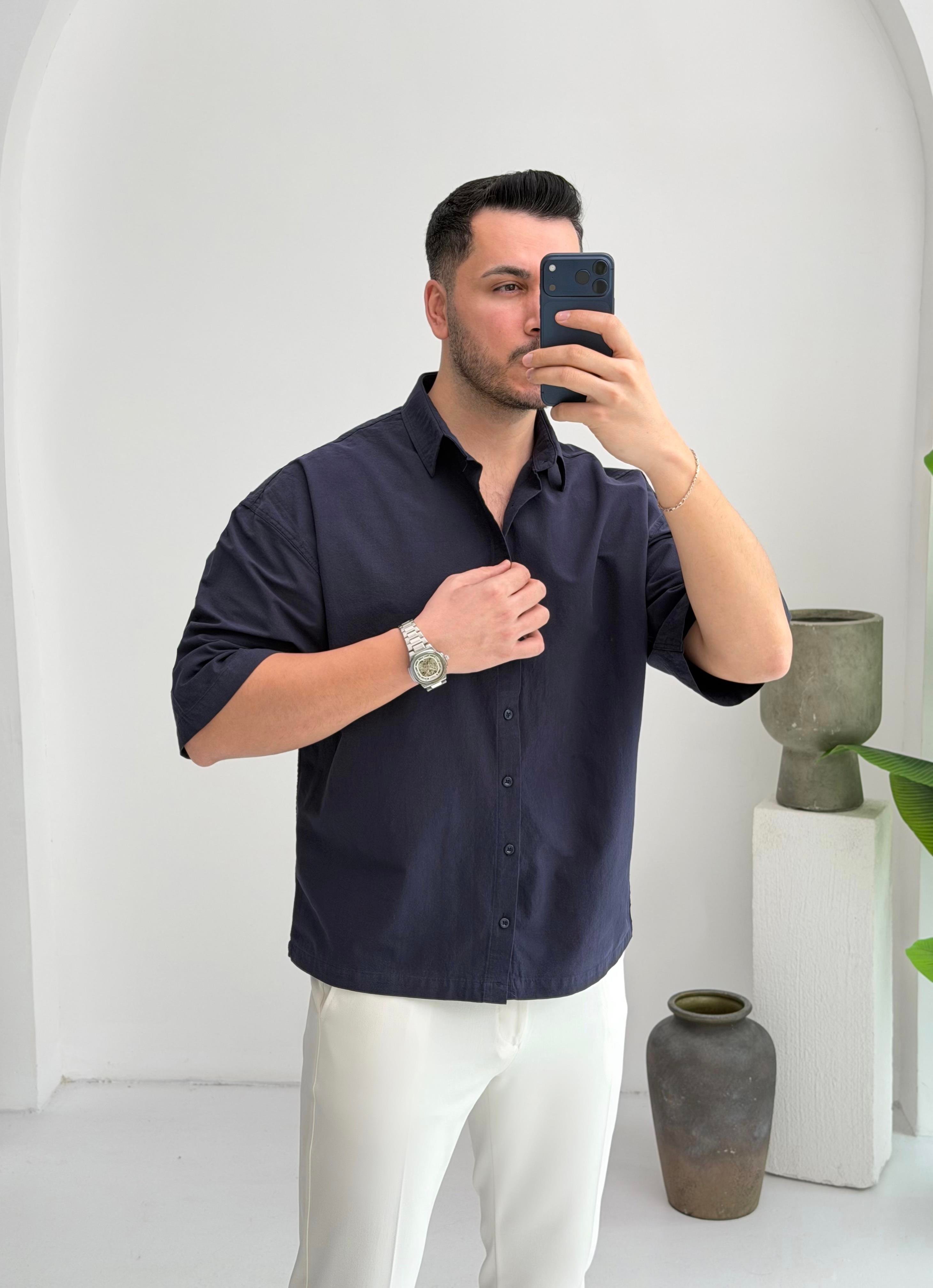Yarım Kol Lacivert Oversize Keten Gömlek