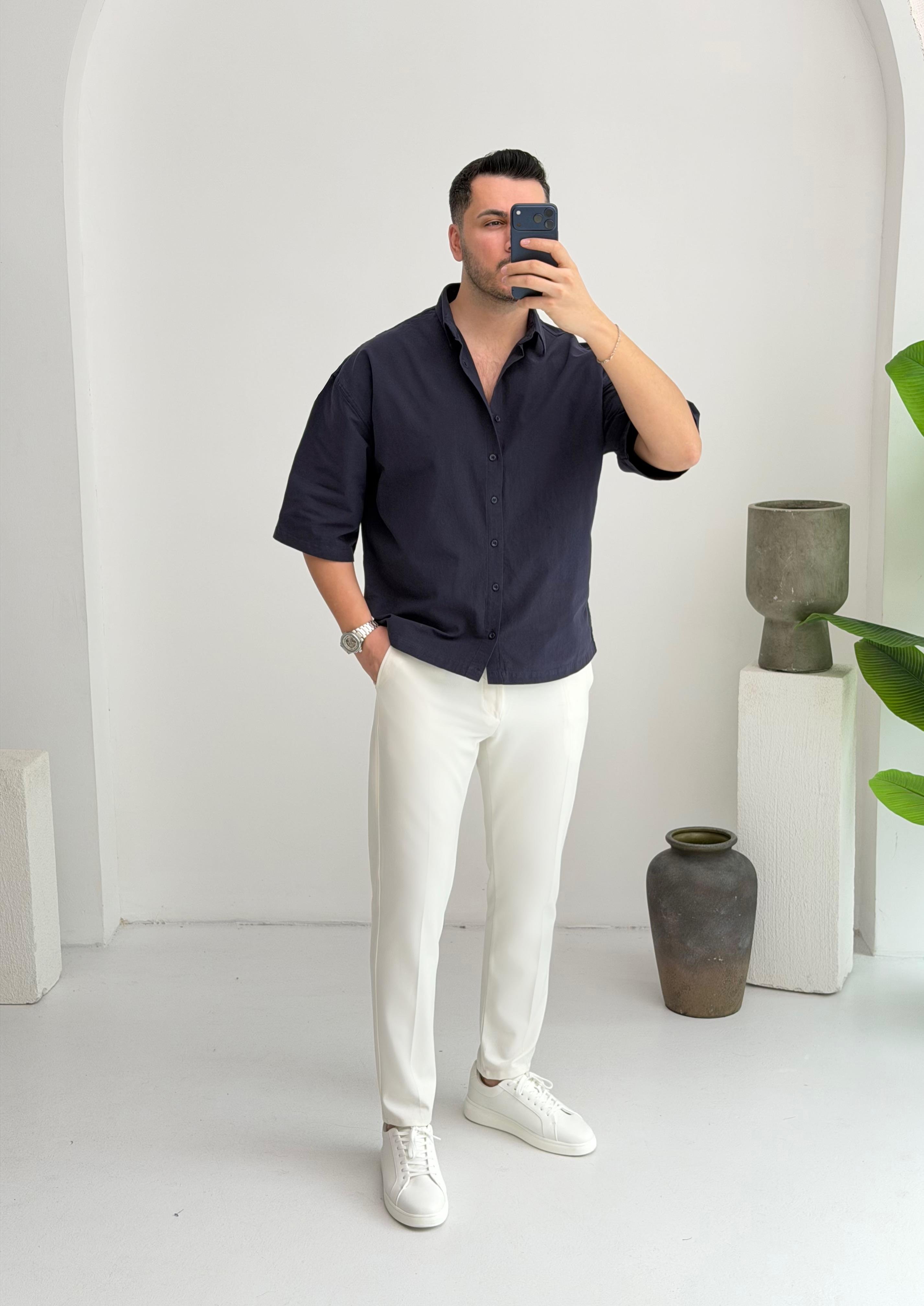 Yarım Kol Lacivert Oversize Keten Gömlek