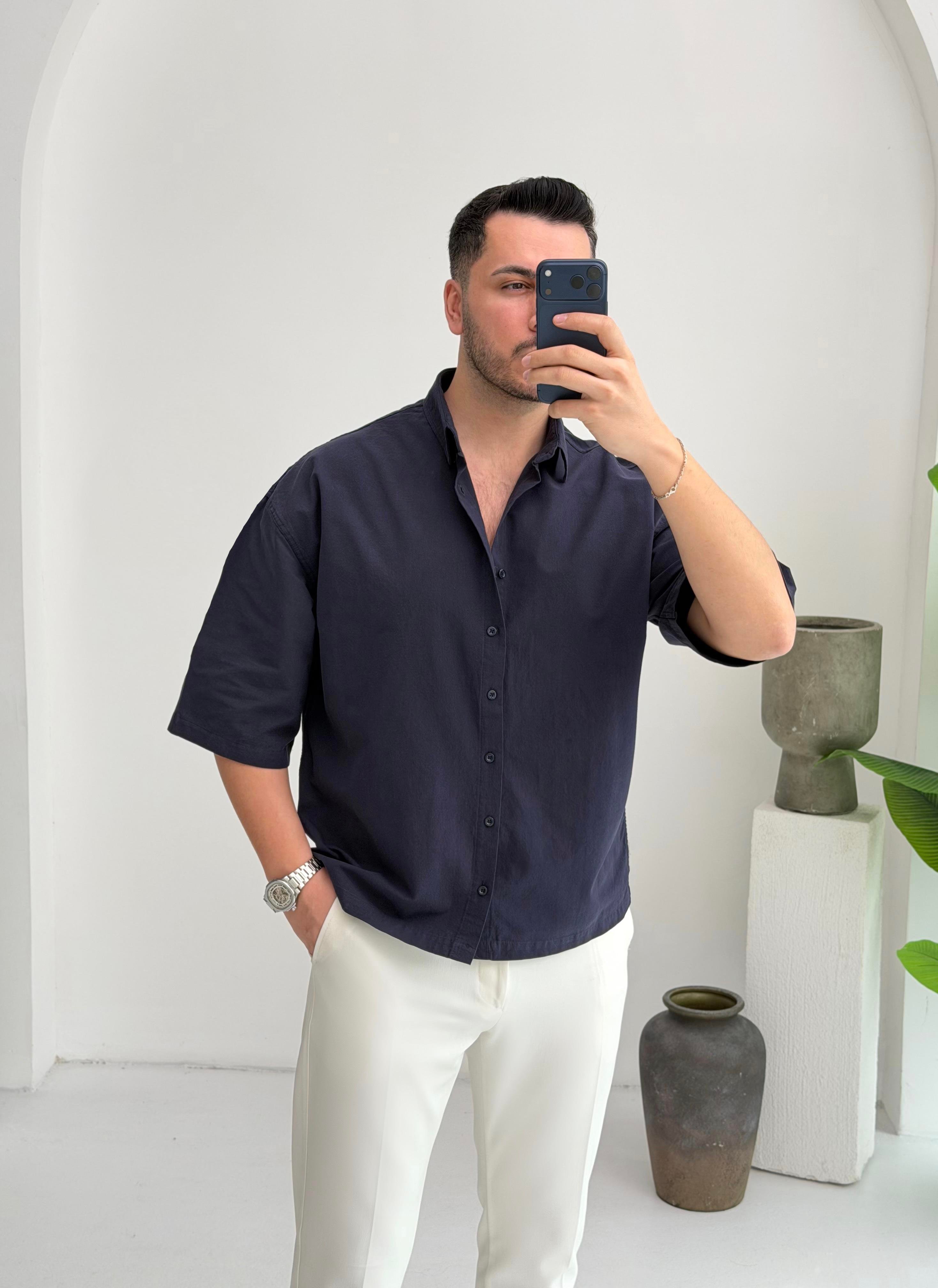 Yarım Kol Lacivert Oversize Keten Gömlek