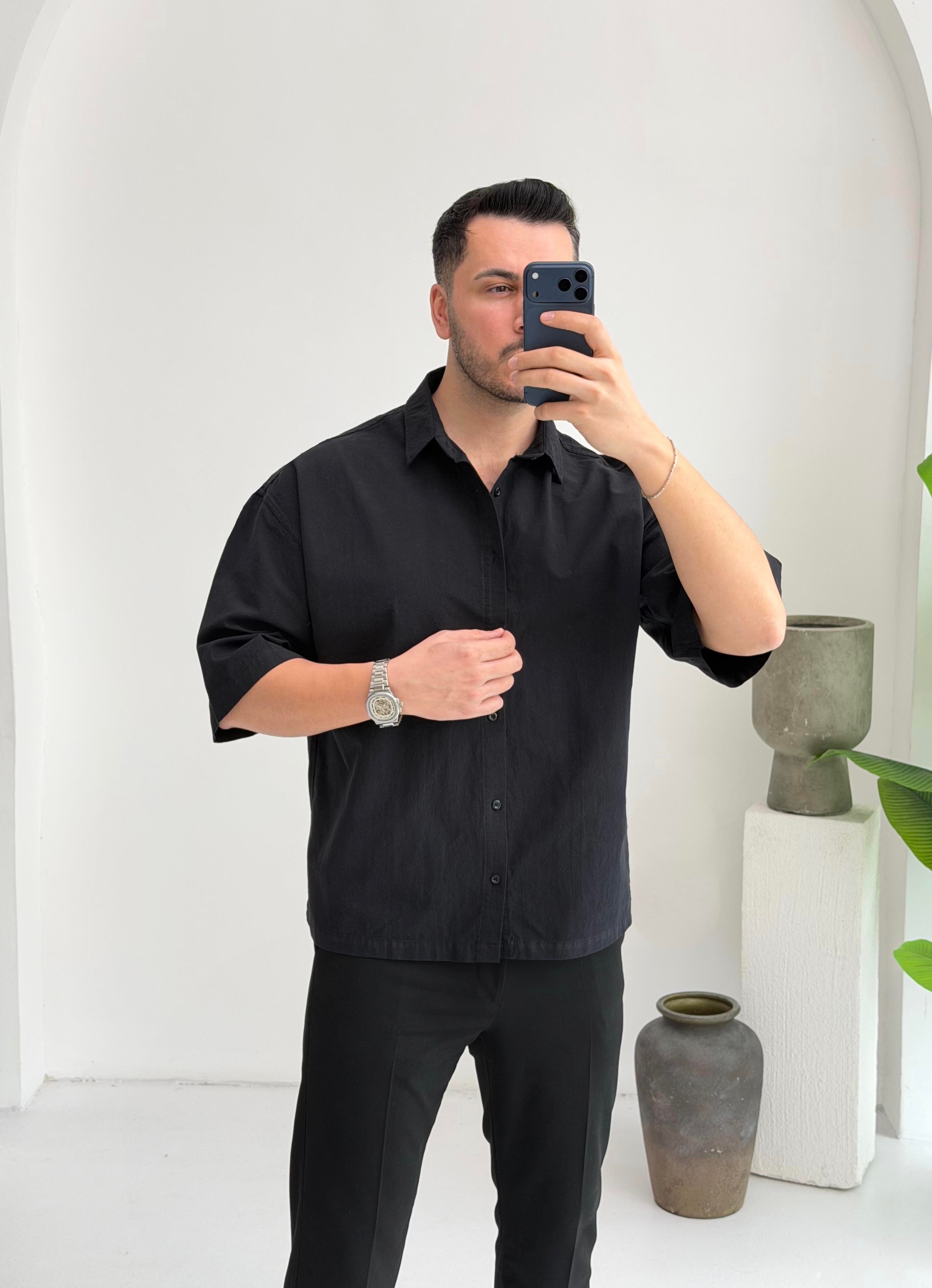 Yarım Kol Siyah Oversize Keten Gömlek