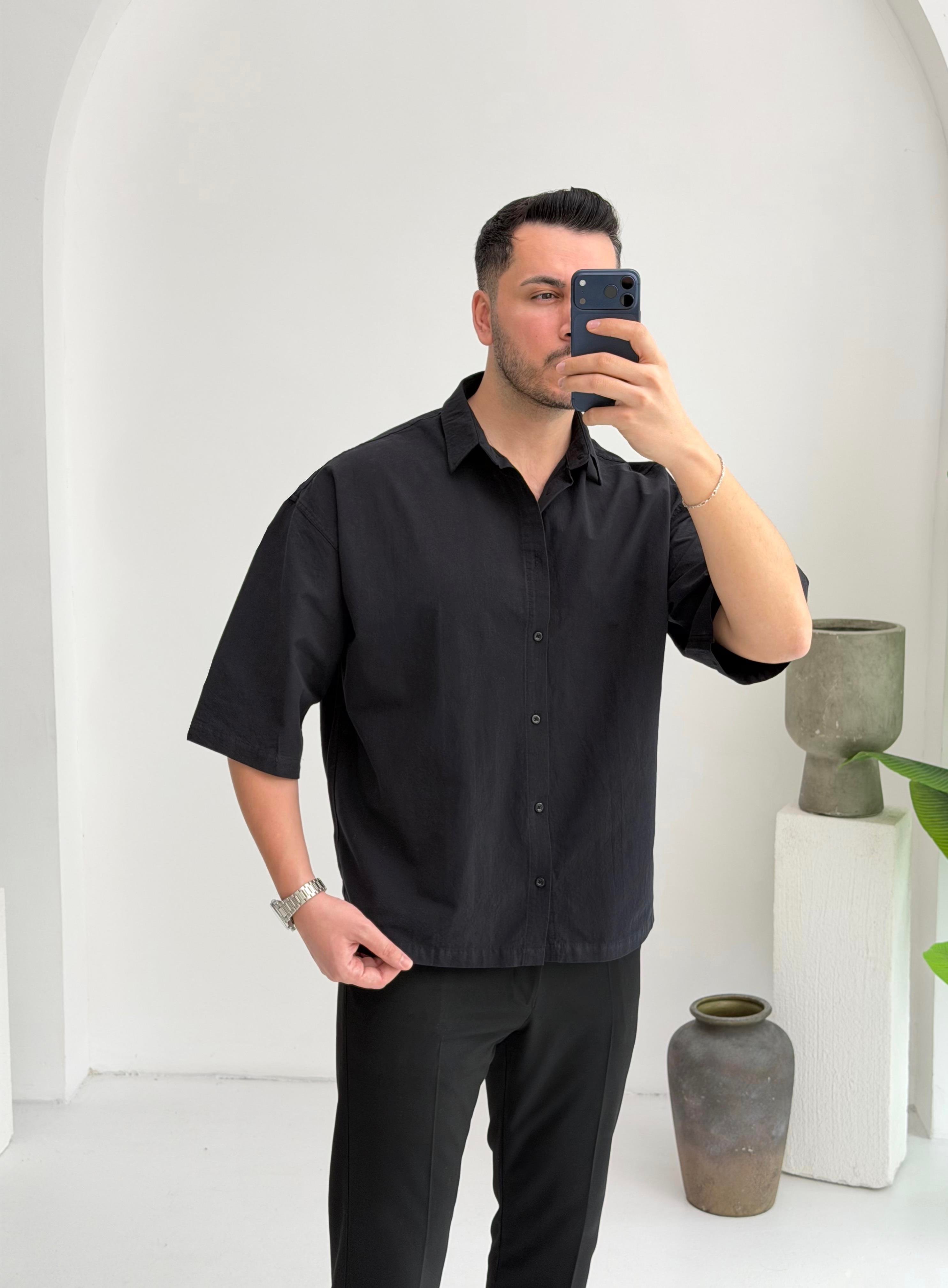 Yarım Kol Siyah Oversize Keten Gömlek