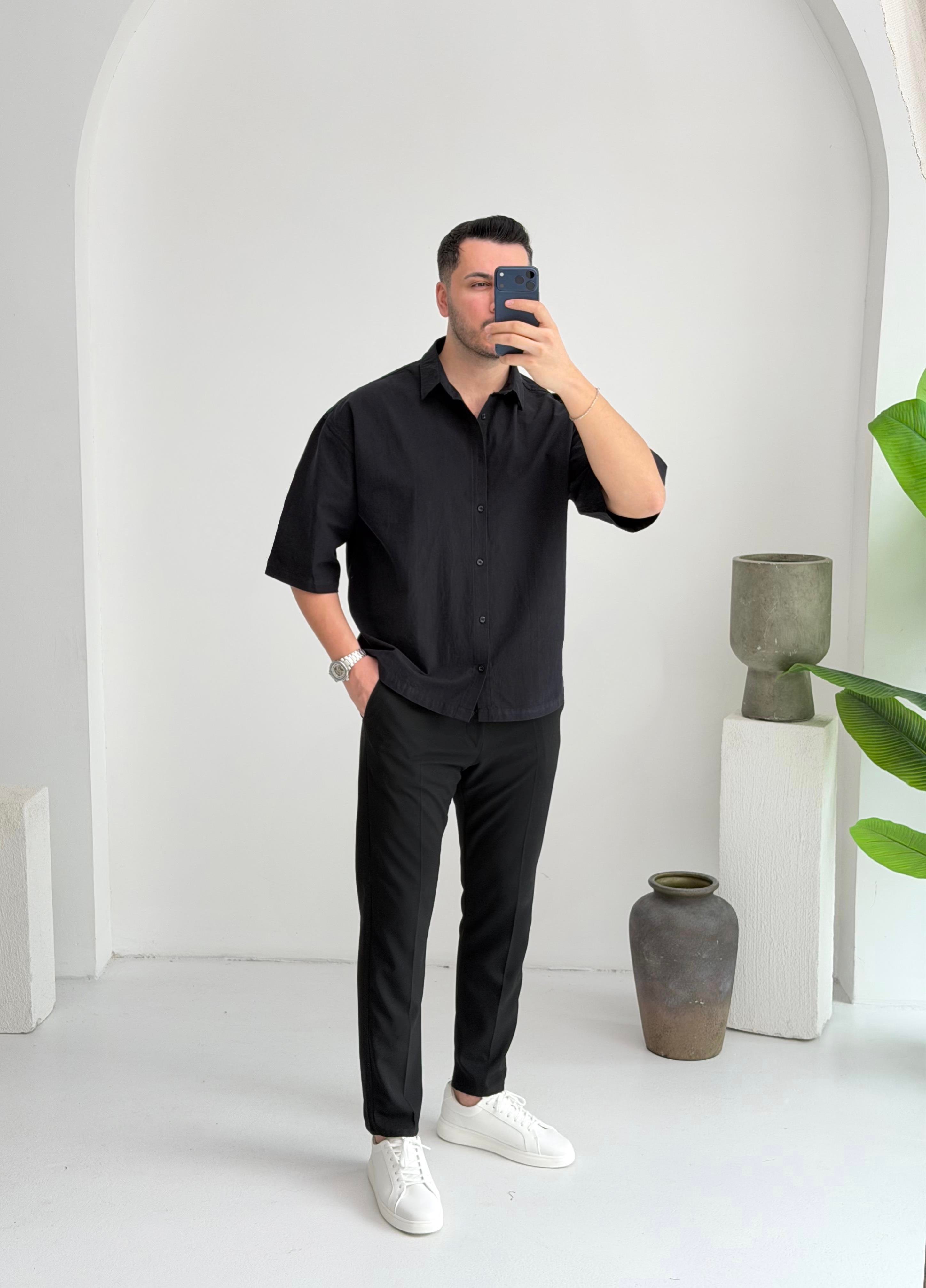 Yarım Kol Siyah Oversize Keten Gömlek