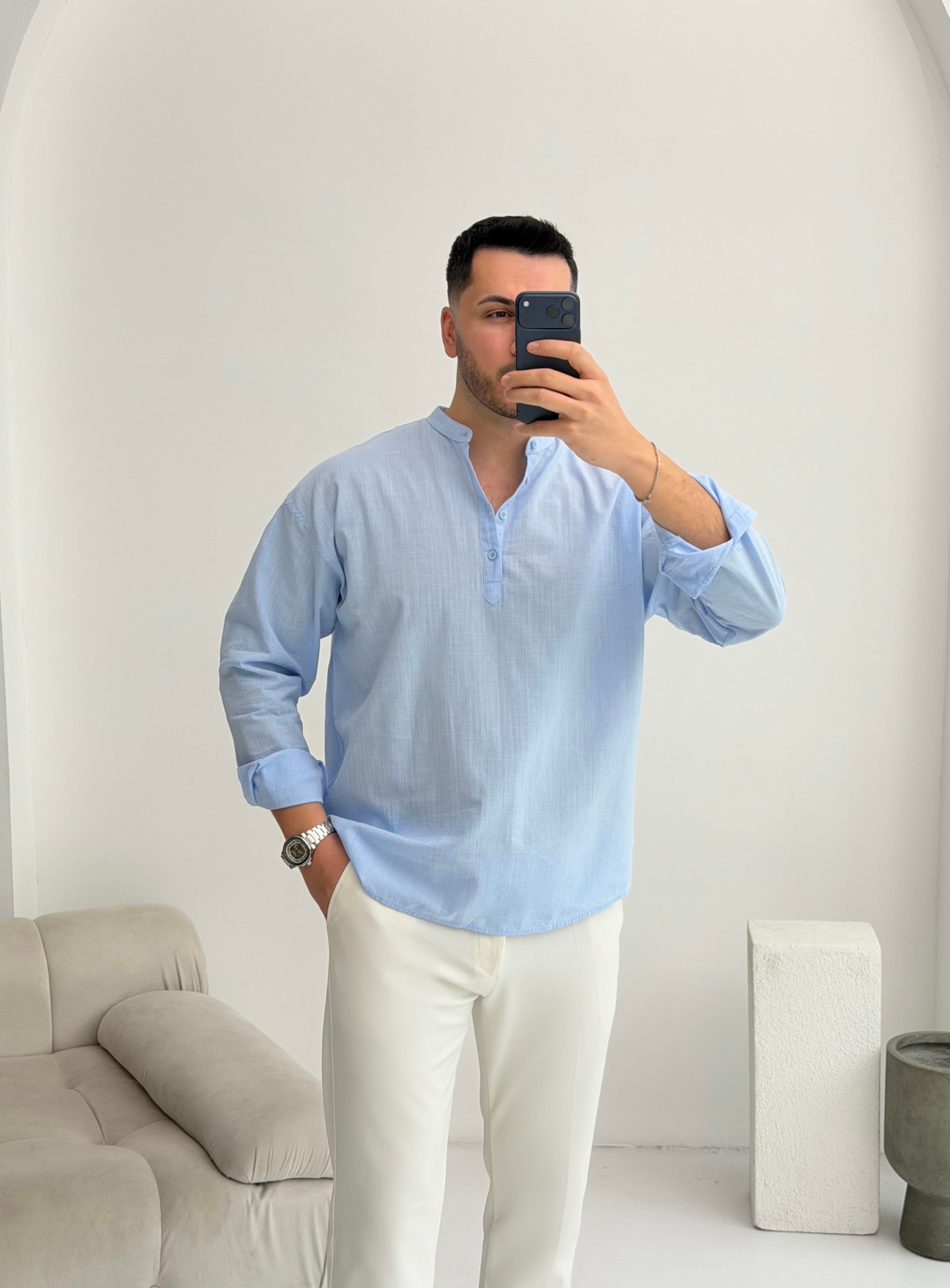 Yarım Pat Bebe Mavisi Oversize Keten Gömlek
