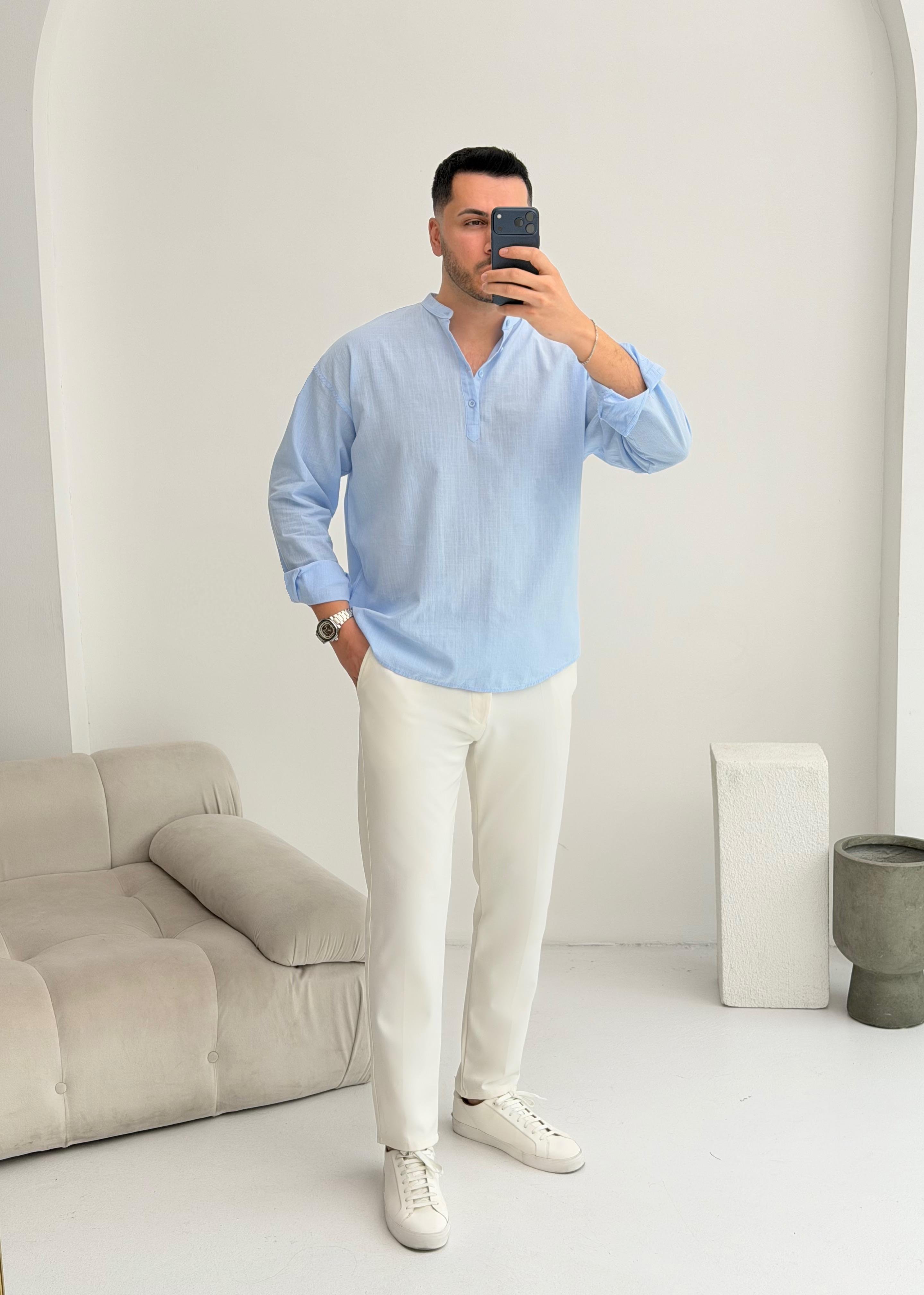 Yarım Pat Bebe Mavisi Oversize Keten Gömlek