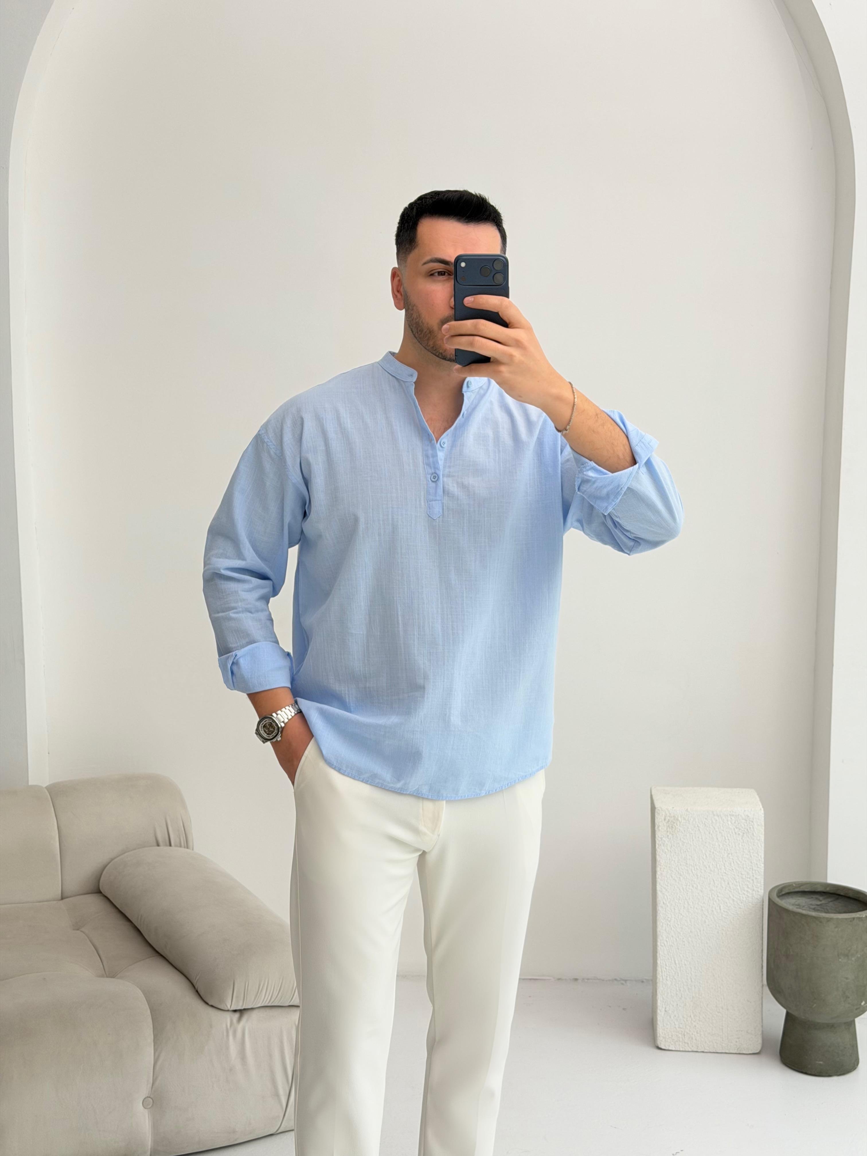 Yarım Pat Bebe Mavisi Oversize Keten Gömlek