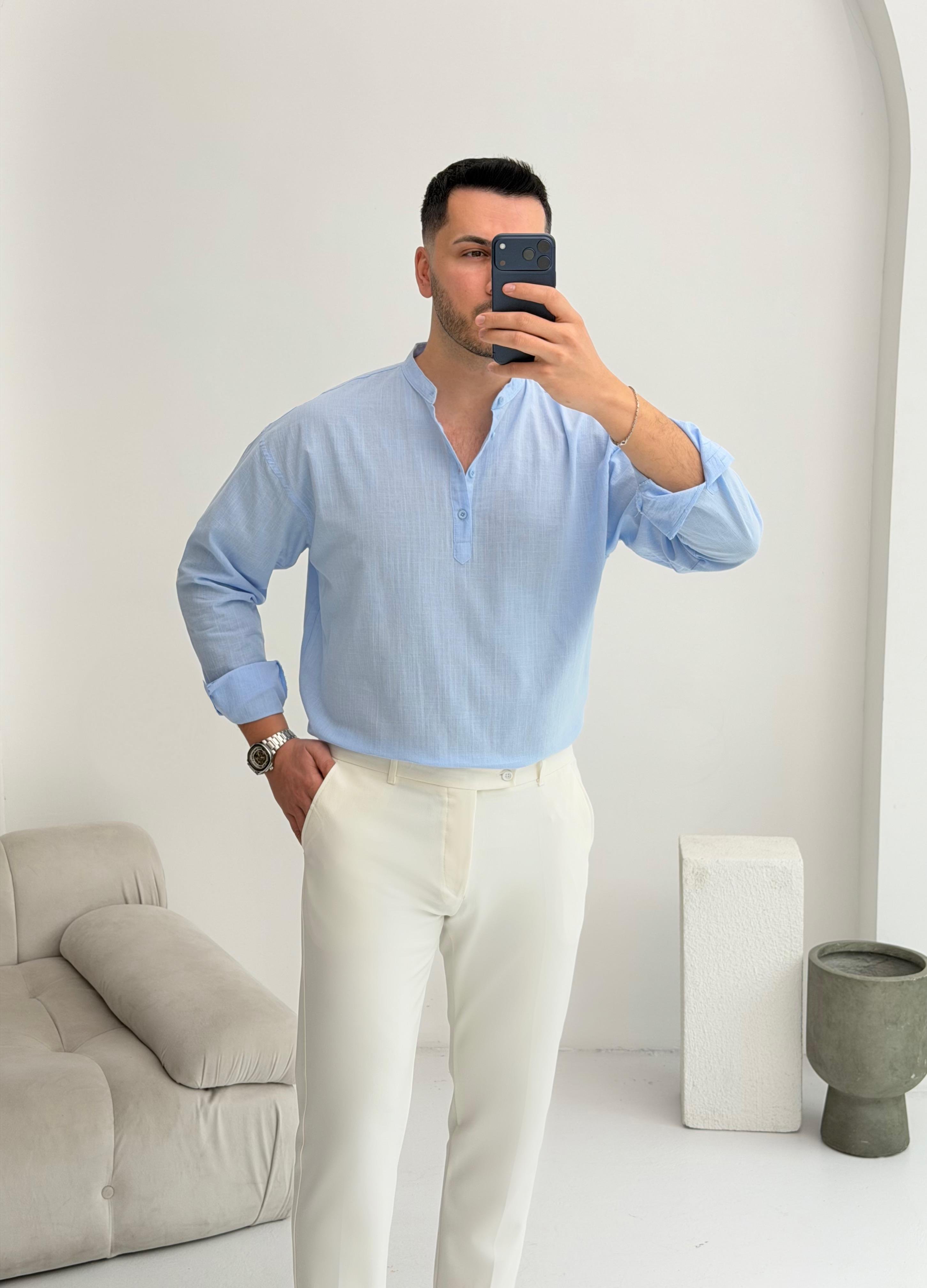 Yarım Pat Bebe Mavisi Oversize Keten Gömlek