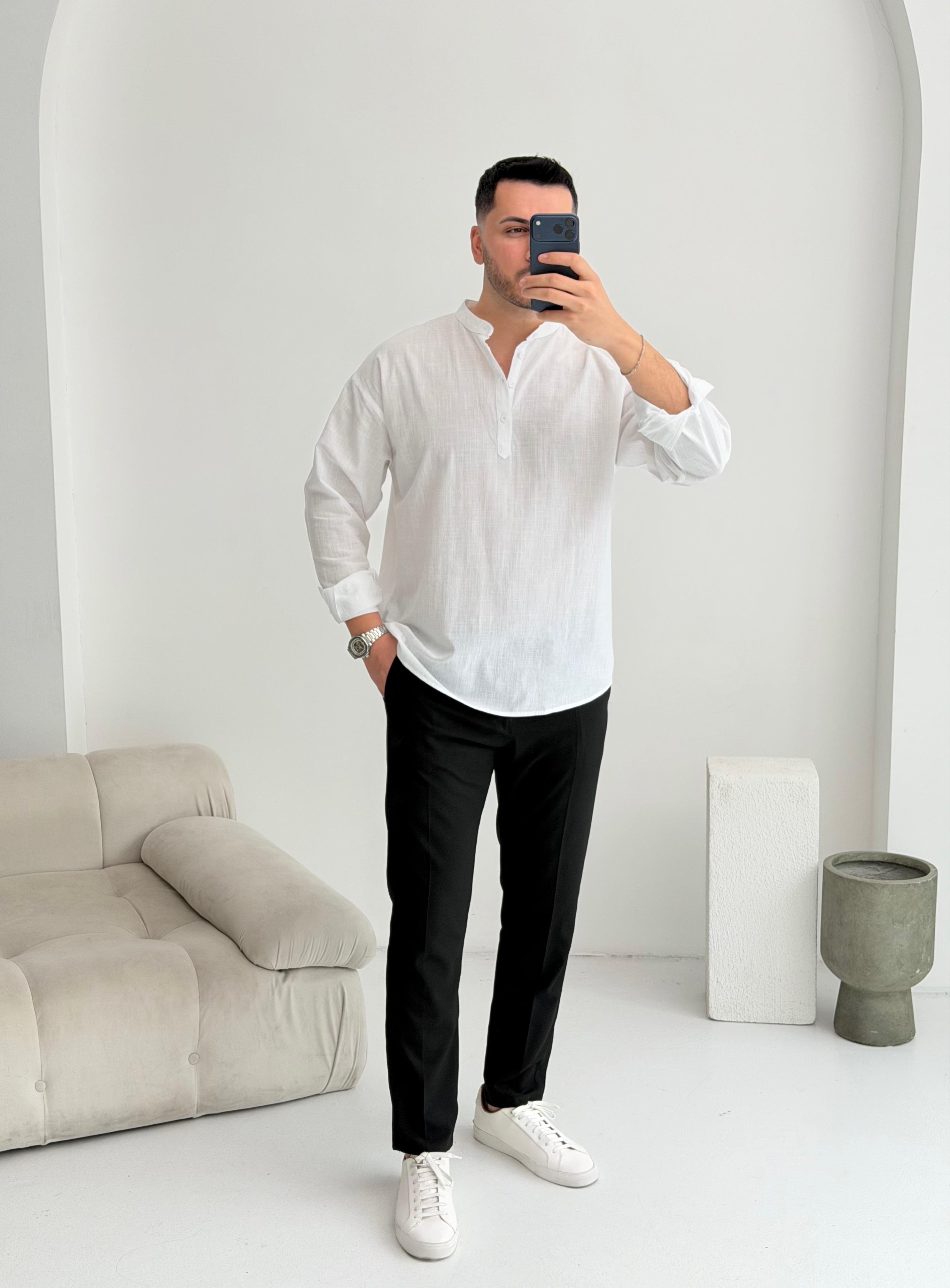 Yarım Pat Beyaz Oversize Keten Gömlek 