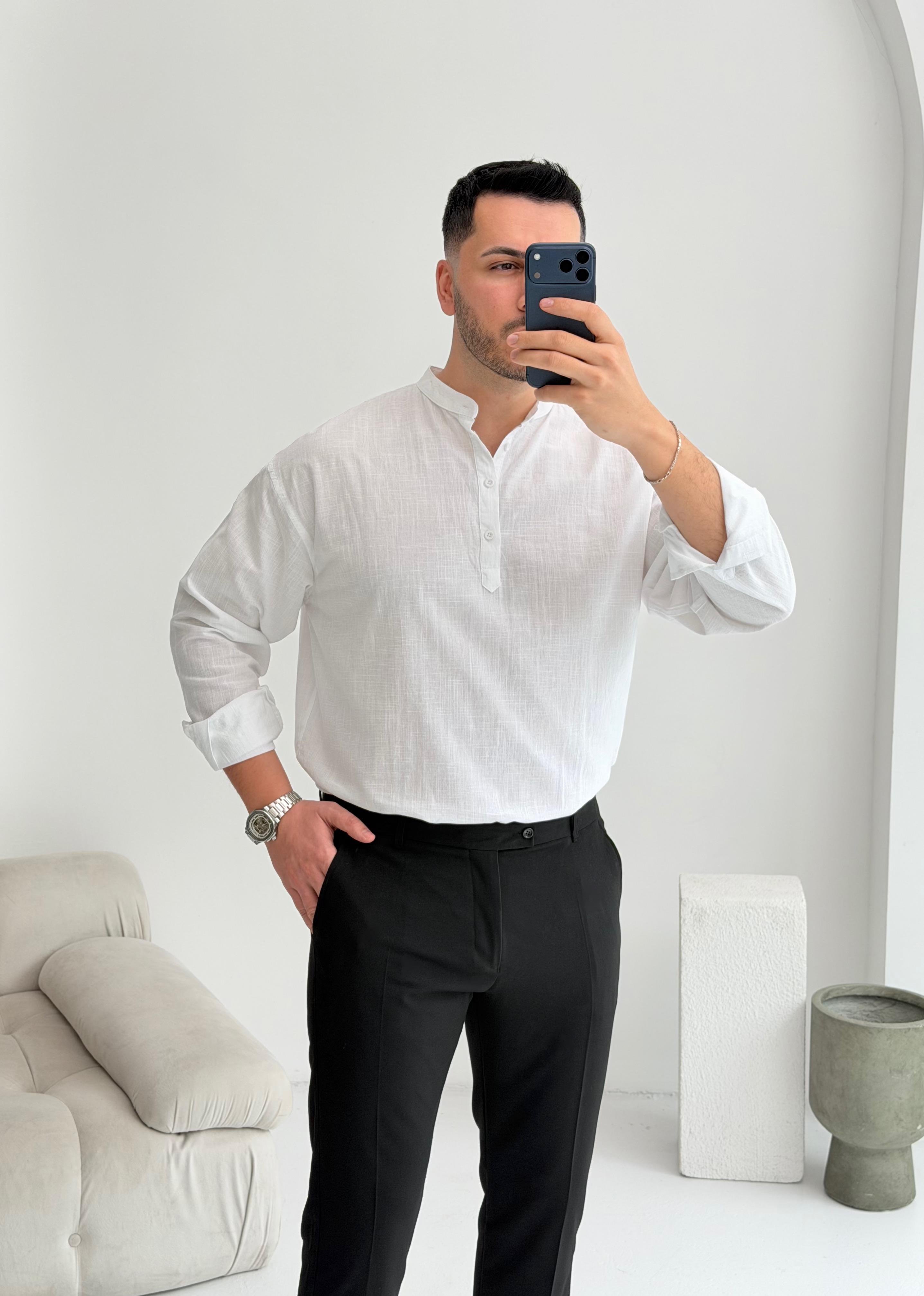 Yarım Pat Beyaz Oversize Keten Gömlek 