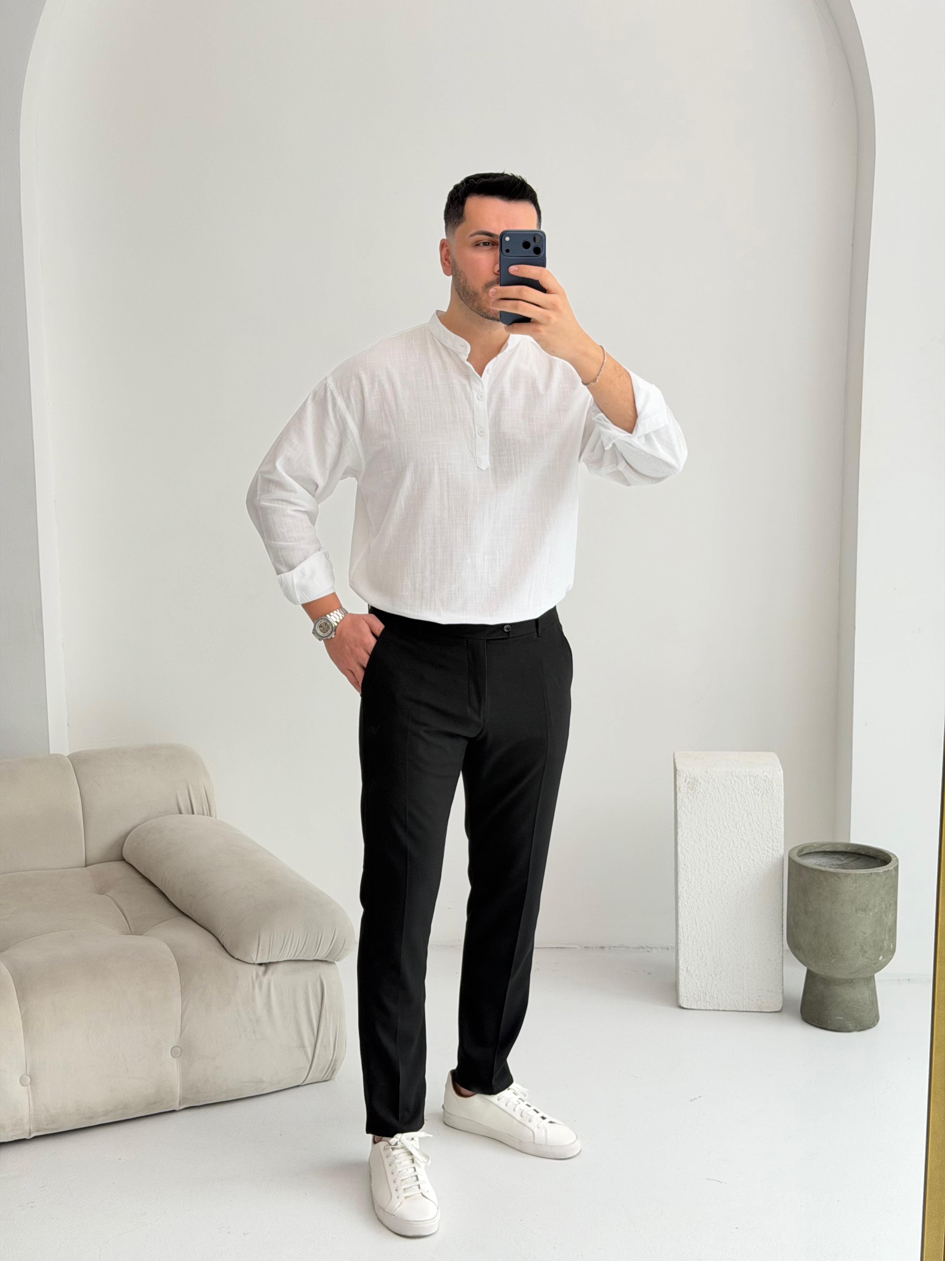 Yarım Pat Beyaz Oversize Keten Gömlek 