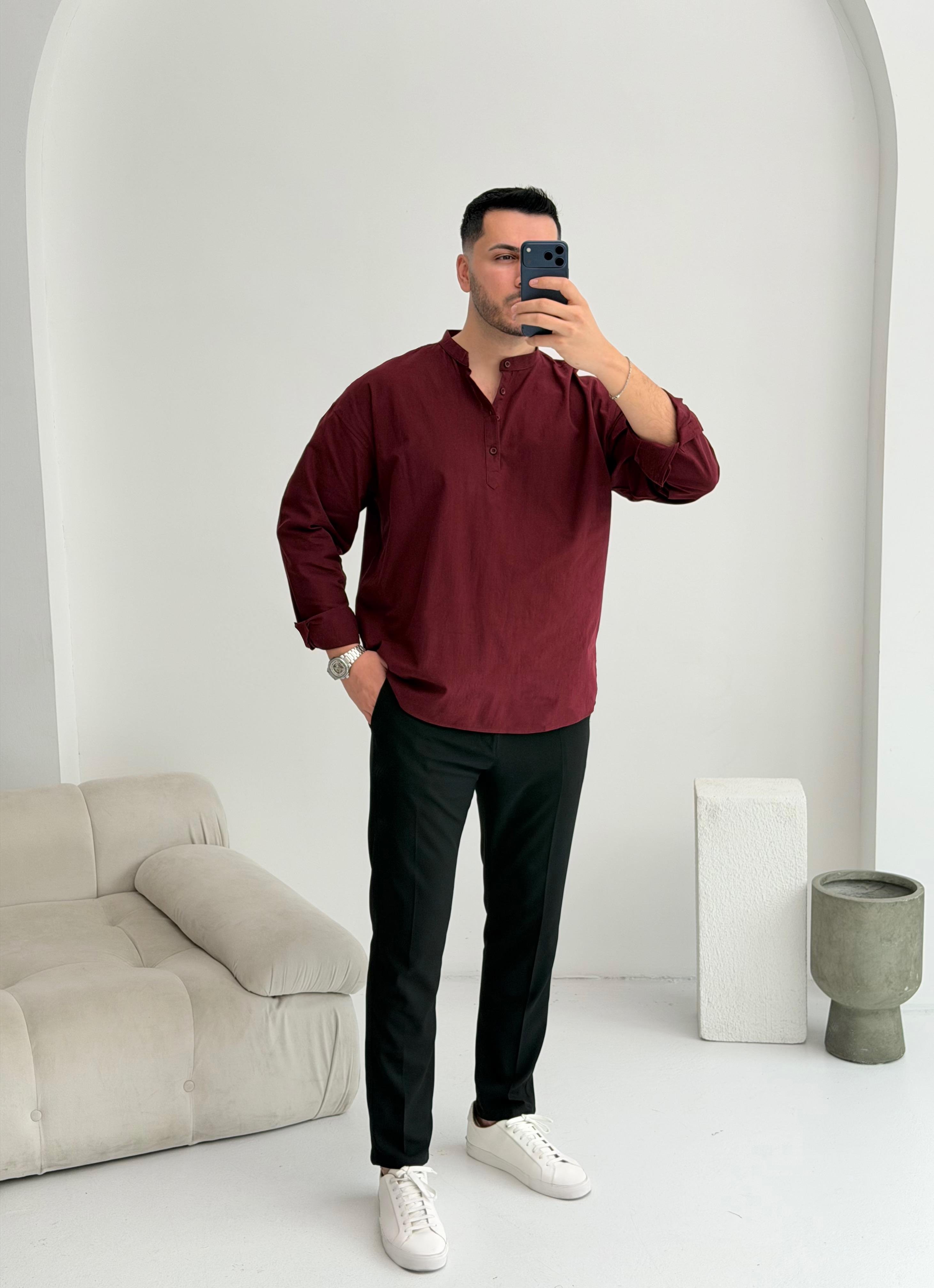 Yarım Pat Bordo Oversize Keten Gömlek 